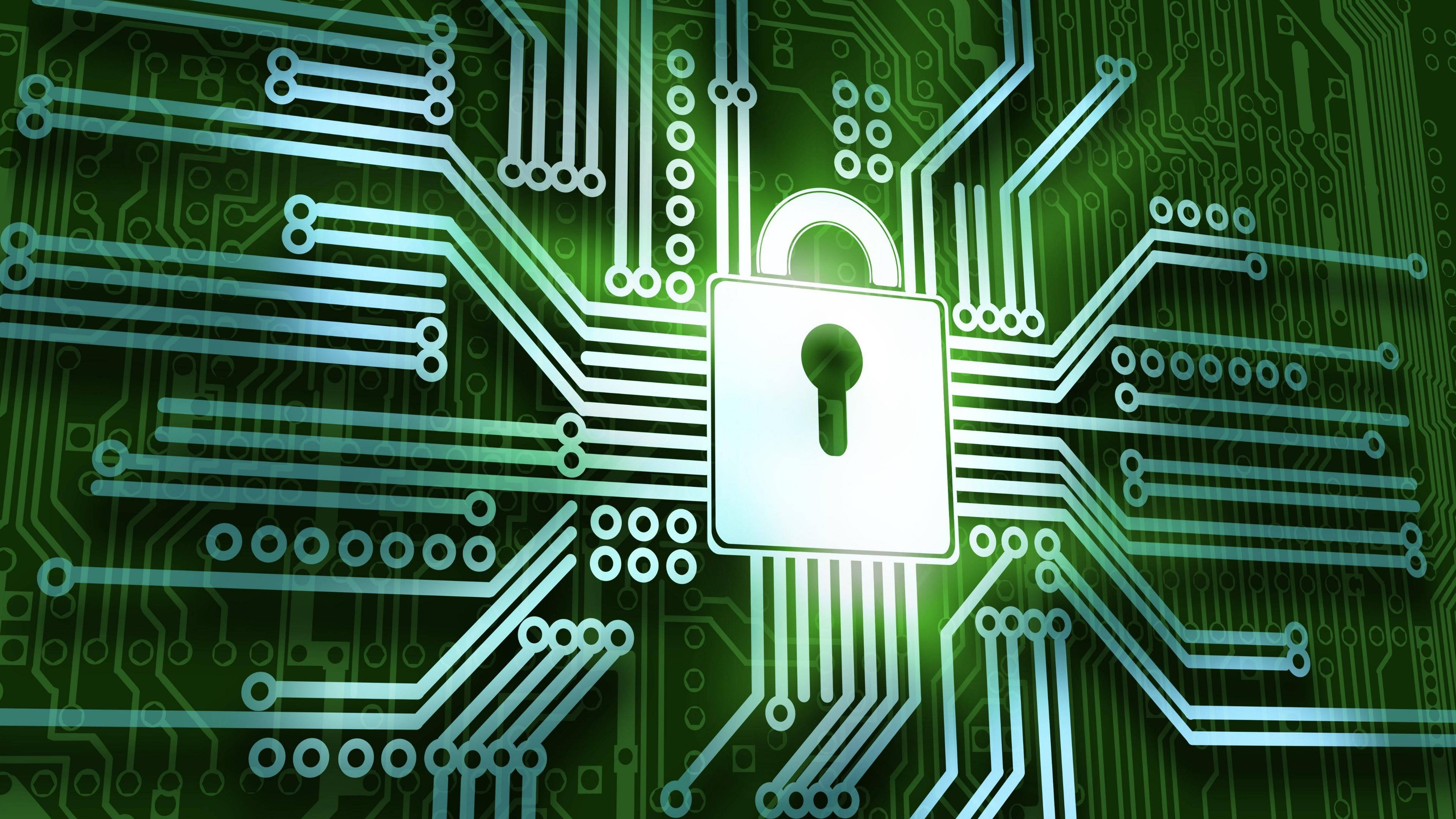 security 桌布 壁紙 — 一個發光的白色掛鎖，位於綠色電路板中央，帶有向外輻射的複雜淺藍色路徑。