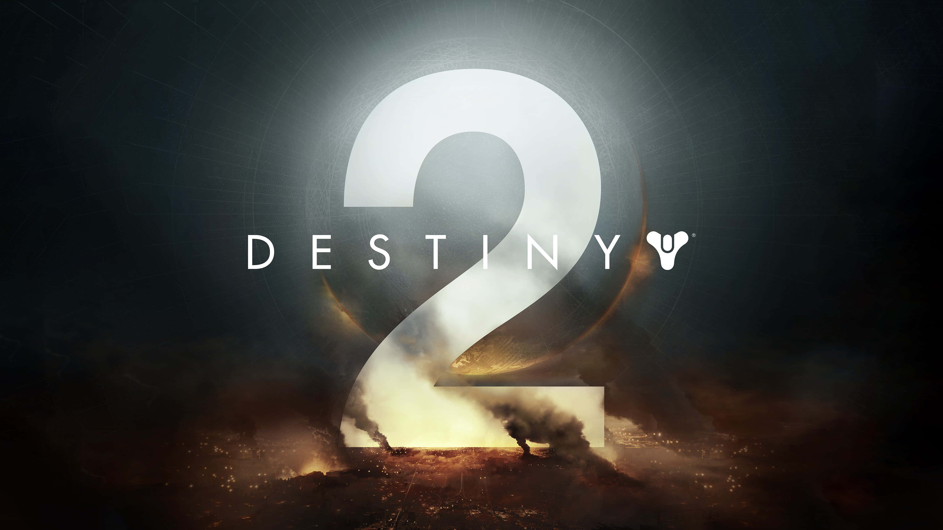 桌布 壁紙 — 一個發光的白色數字二，帶有「DESTINY」文字，從黑暗天空下的火熱戰場中浮現。