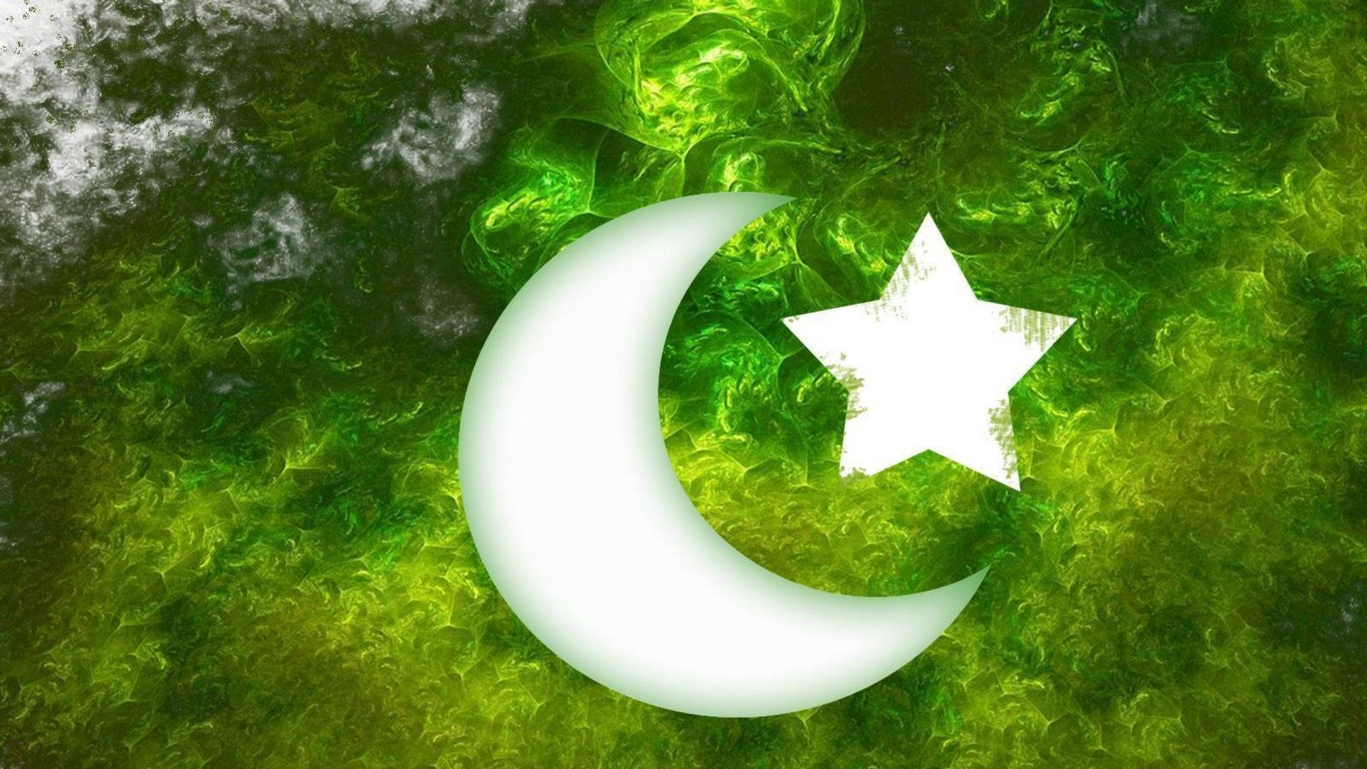 Pakistan 桌布 壁紙 — 一個發光的白色新月和星星標誌漂浮在旋轉的綠色紋理背景上。