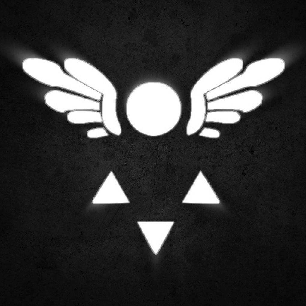 Deltarune 桌布 壁紙 — 一個發光的白色有翼太陽符號，帶有三角形面部特徵，置於紋理深色背景上。