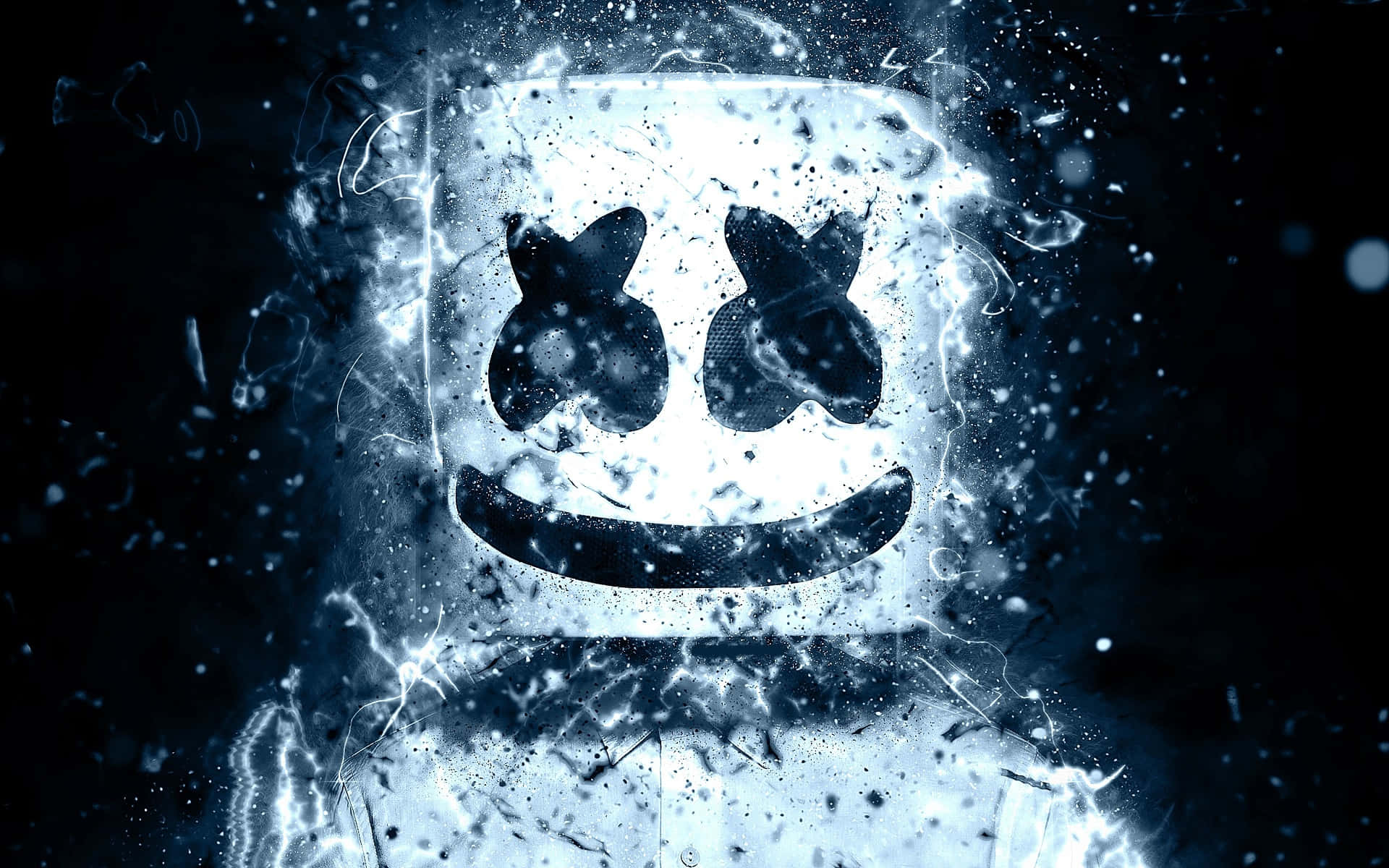 Marshmello 動態圖 桌布 壁紙 — 一個發光的白色棉花糖人頭，帶有X形眼睛和微笑，在黑暗背景中衝破冰冷的水面。