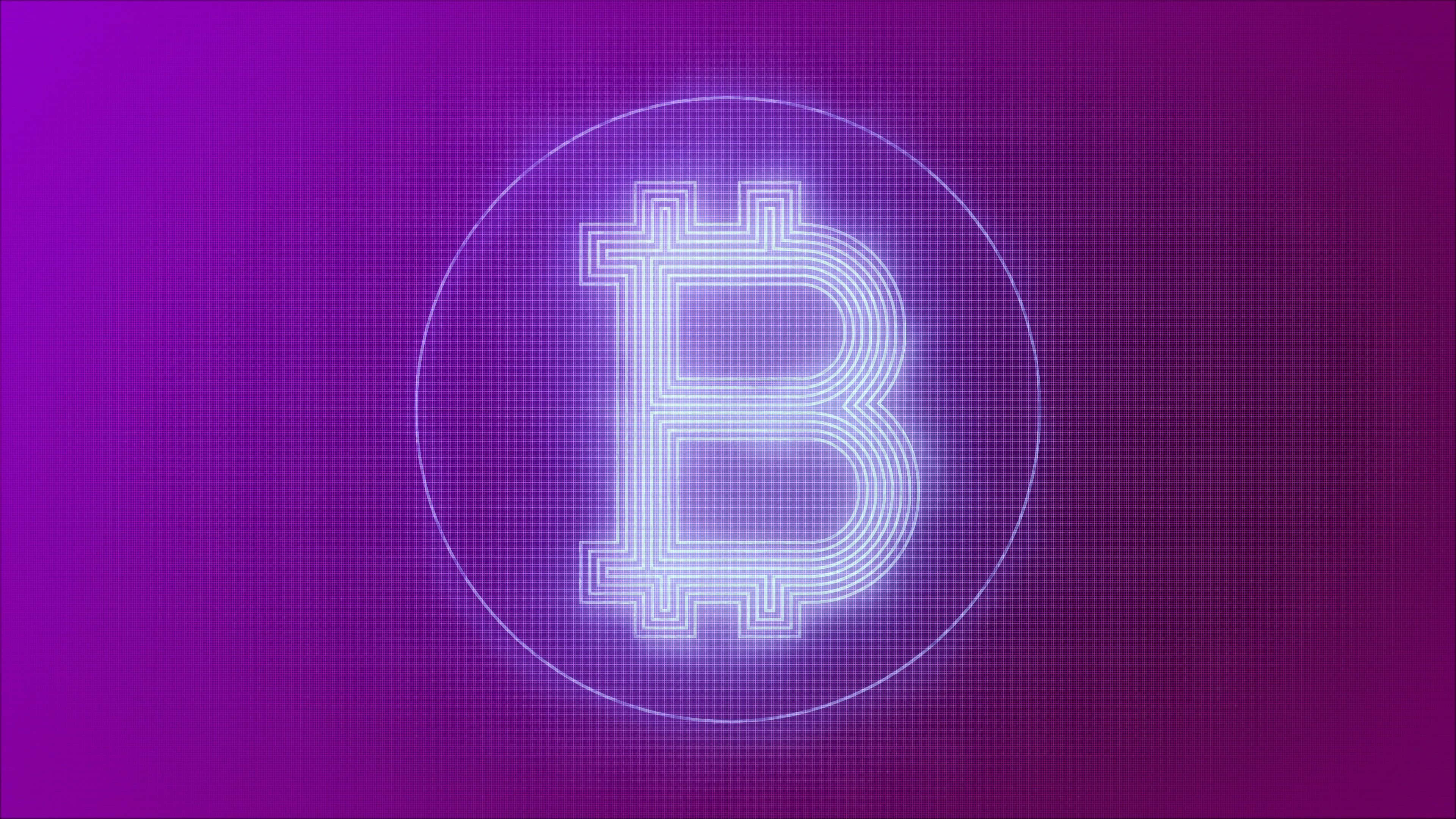 4K Bitcoin 桌布 壁紙 — 一個發光的白色比特幣符號，以霓虹線勾勒，在圓圈內脈動，背景是充滿活力的紫色漸變。