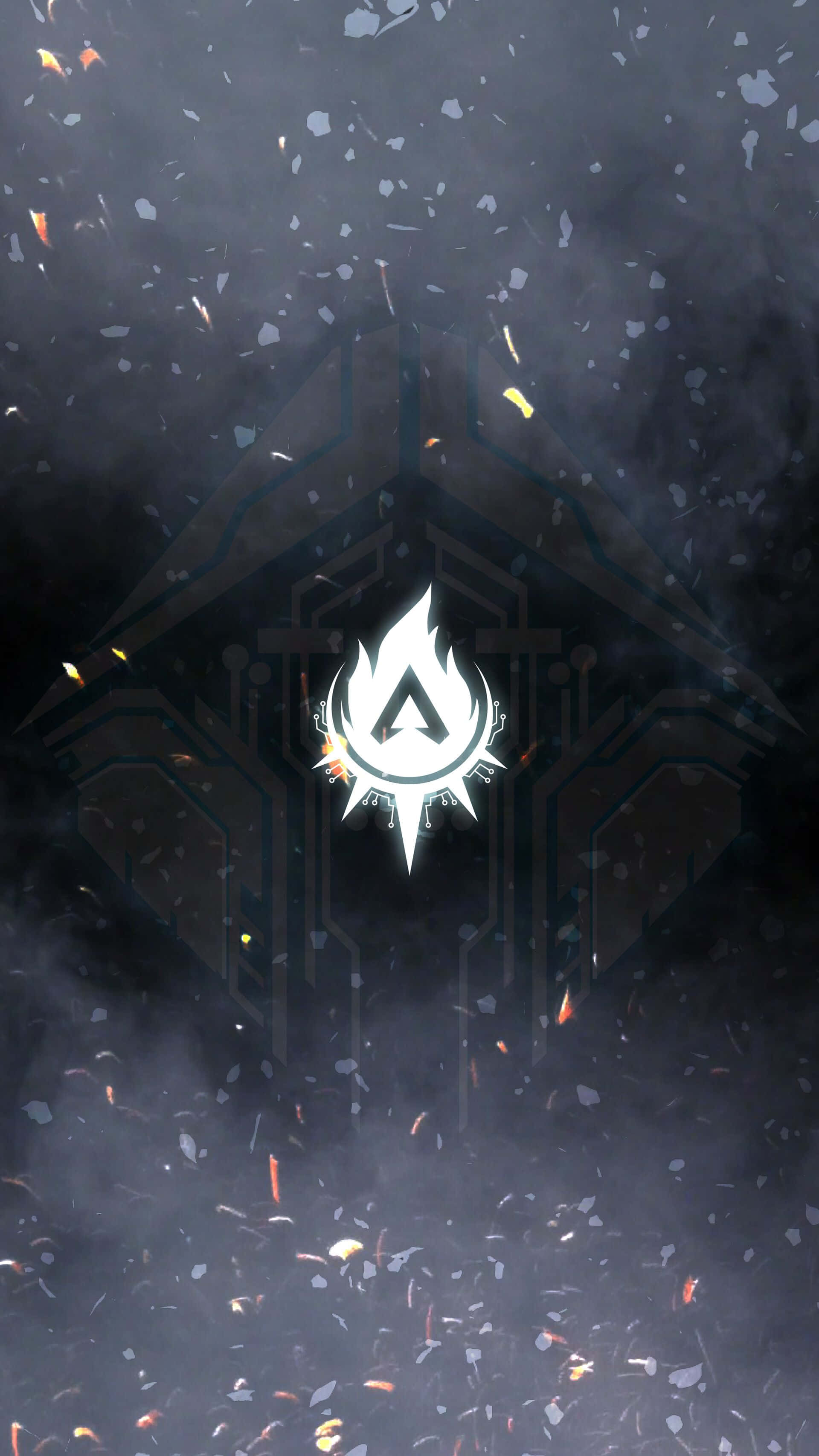 Apex Legends Crypto 桌布 壁紙 — 一個發光的白色火焰標誌，位於黑暗幾何結構的中心，周圍有落下的餘燼和煙霧。