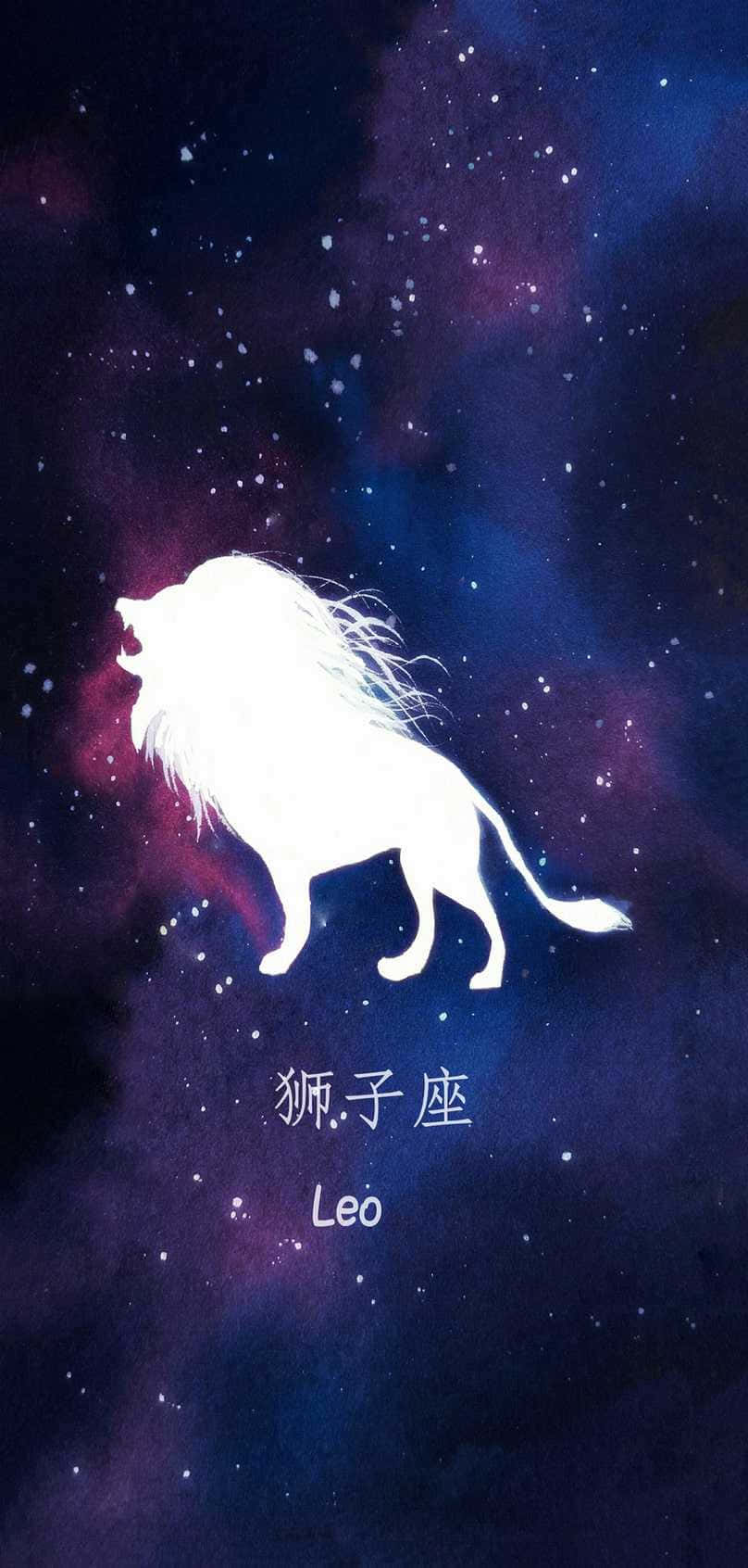 Leo 桌布 壁紙 — 一個發光的白色獅子剪影在充滿星星和紫藍色調的鮮豔宇宙星雲中咆哮。