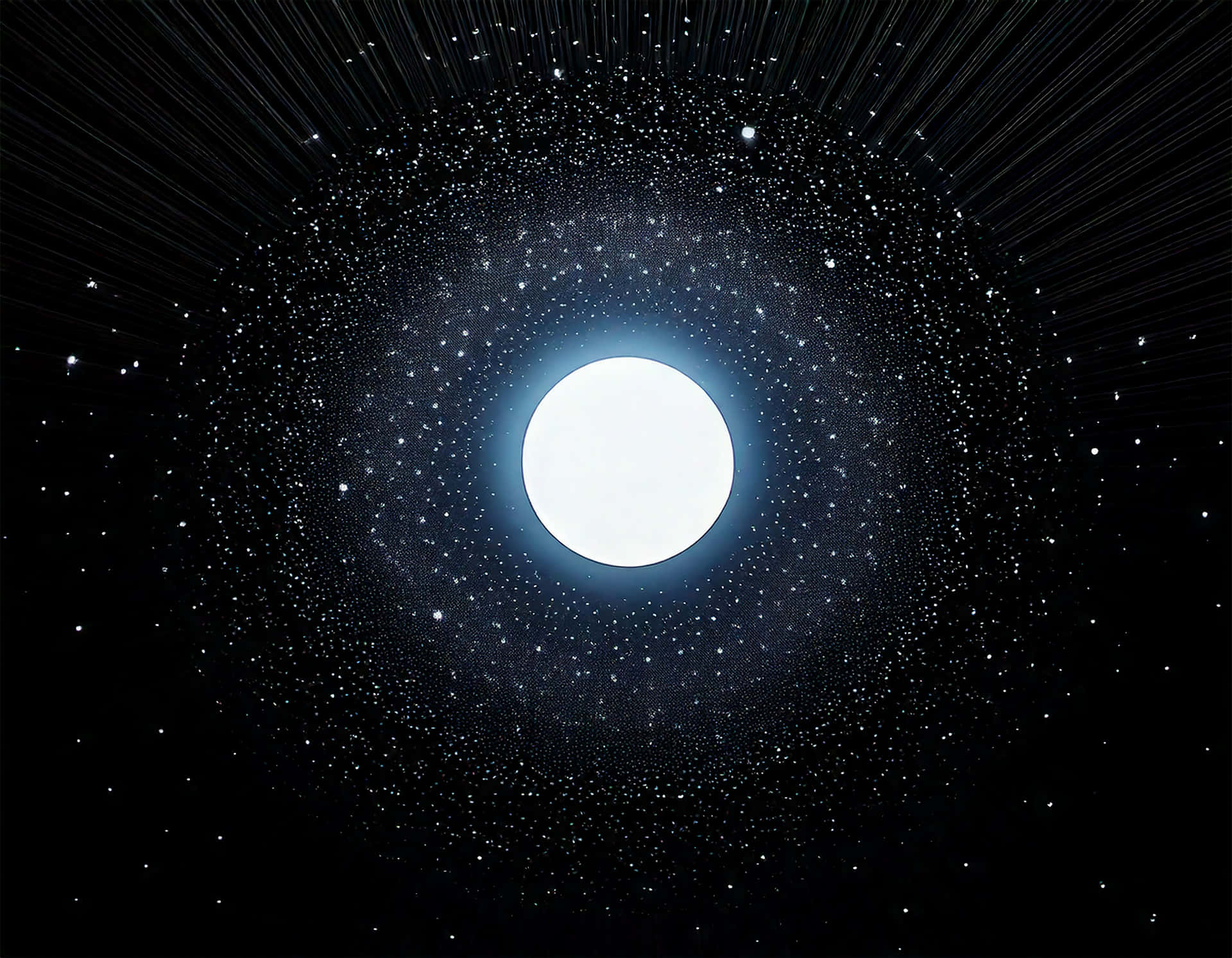 Dwarf Star 壁紙 — 一個發光的白色球體在星場中心發光，並向黑色虛空發出輻射光束。