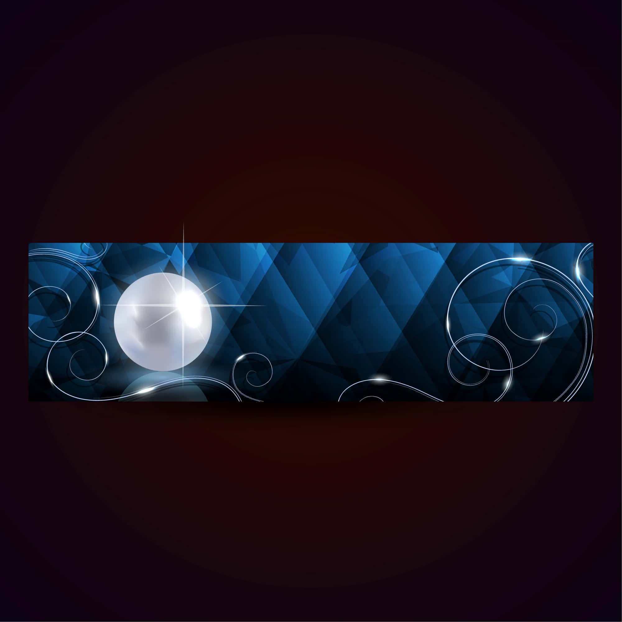 Banner 桌布 壁紙 — 一個發光的白色球體在深藍色幾何圖案和旋轉的銀色點綴的深色漸變背景上明亮地閃耀。