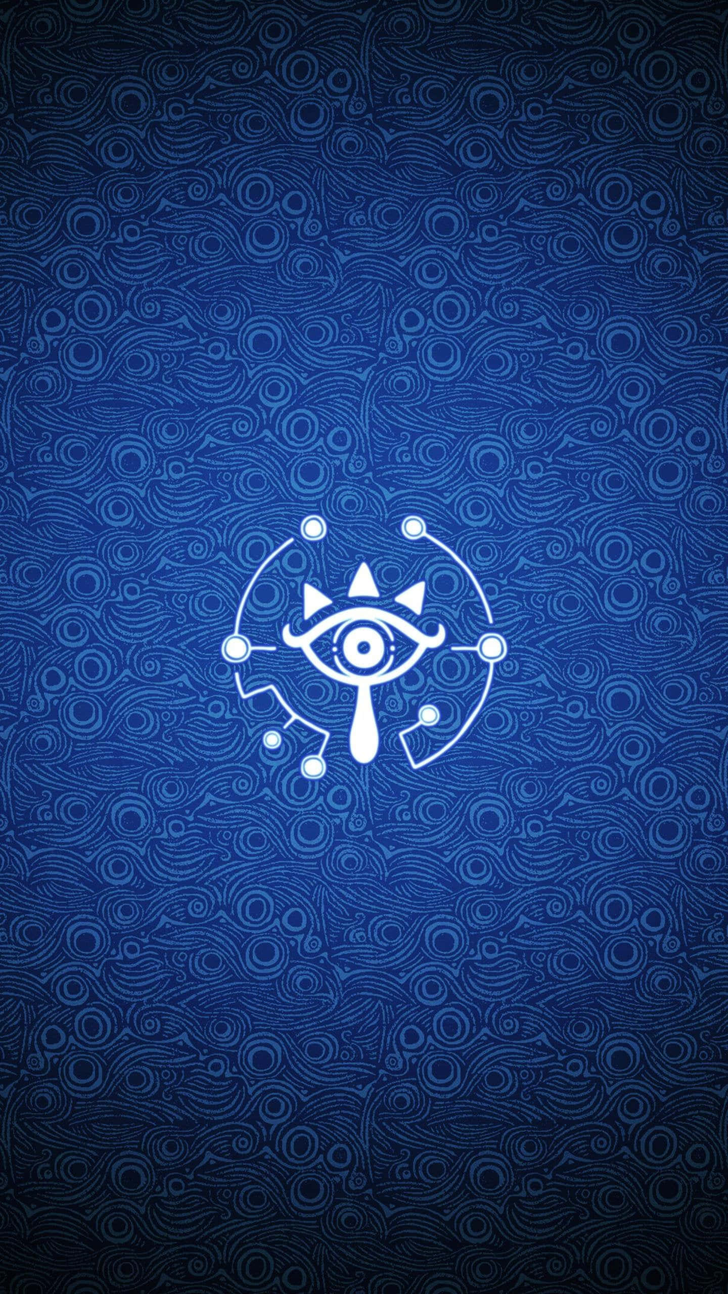 Zelda Phone 桌布 壁紙 — 一個發光的白色眼睛符號，帶有皇冠和鐘擺，漂浮在旋轉的深藍色圖案背景上。