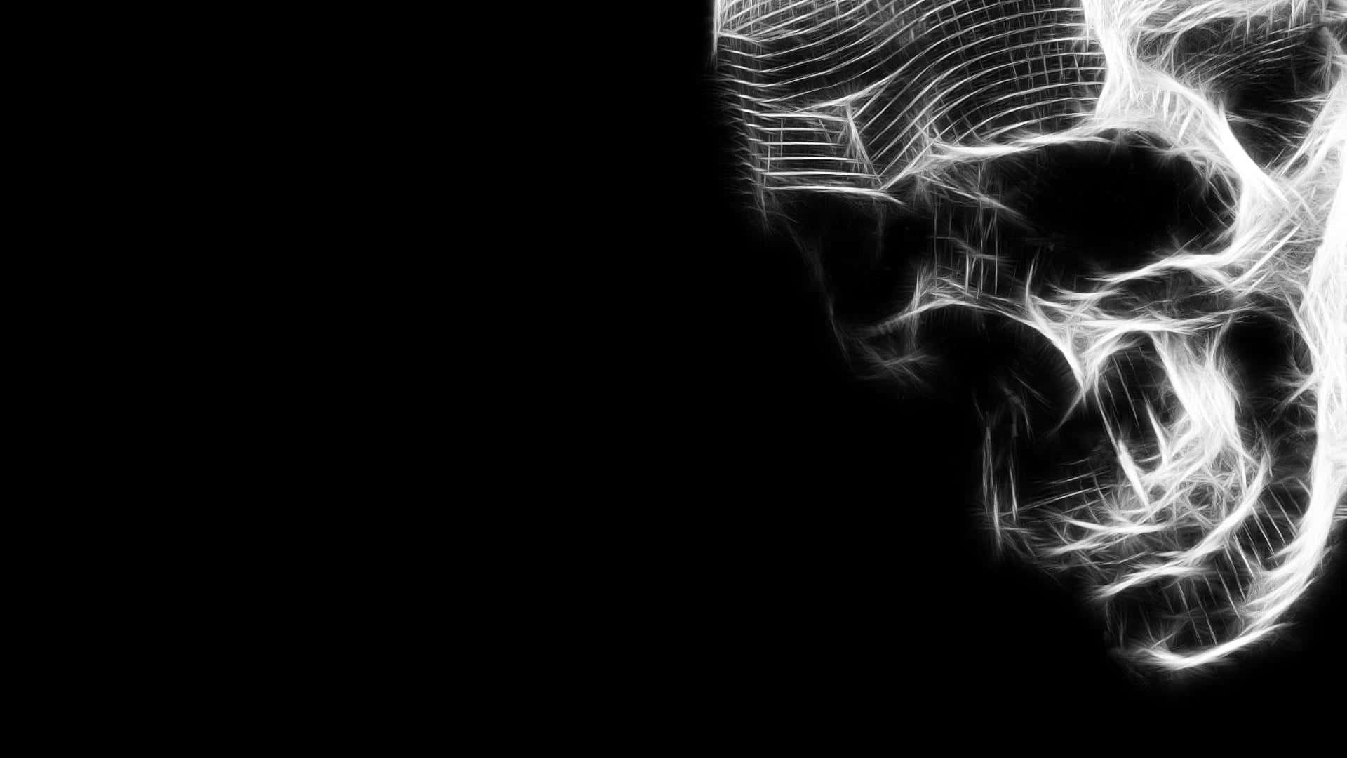 Black Skeleton 桌布 壁紙 — 一個發光的白色碎形骷髏從黑暗中浮現，帶有複雜的線框圖案和旋轉的觸手。