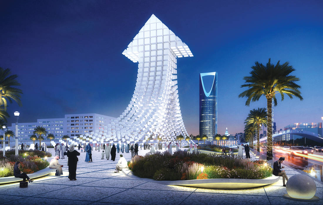 Riyadh 桌布 壁紙 — 一個發光的白色箭頭形雕塑主導著暮色廣場，人們漫步，棕櫚樹在深藍色的天空下搖曳。