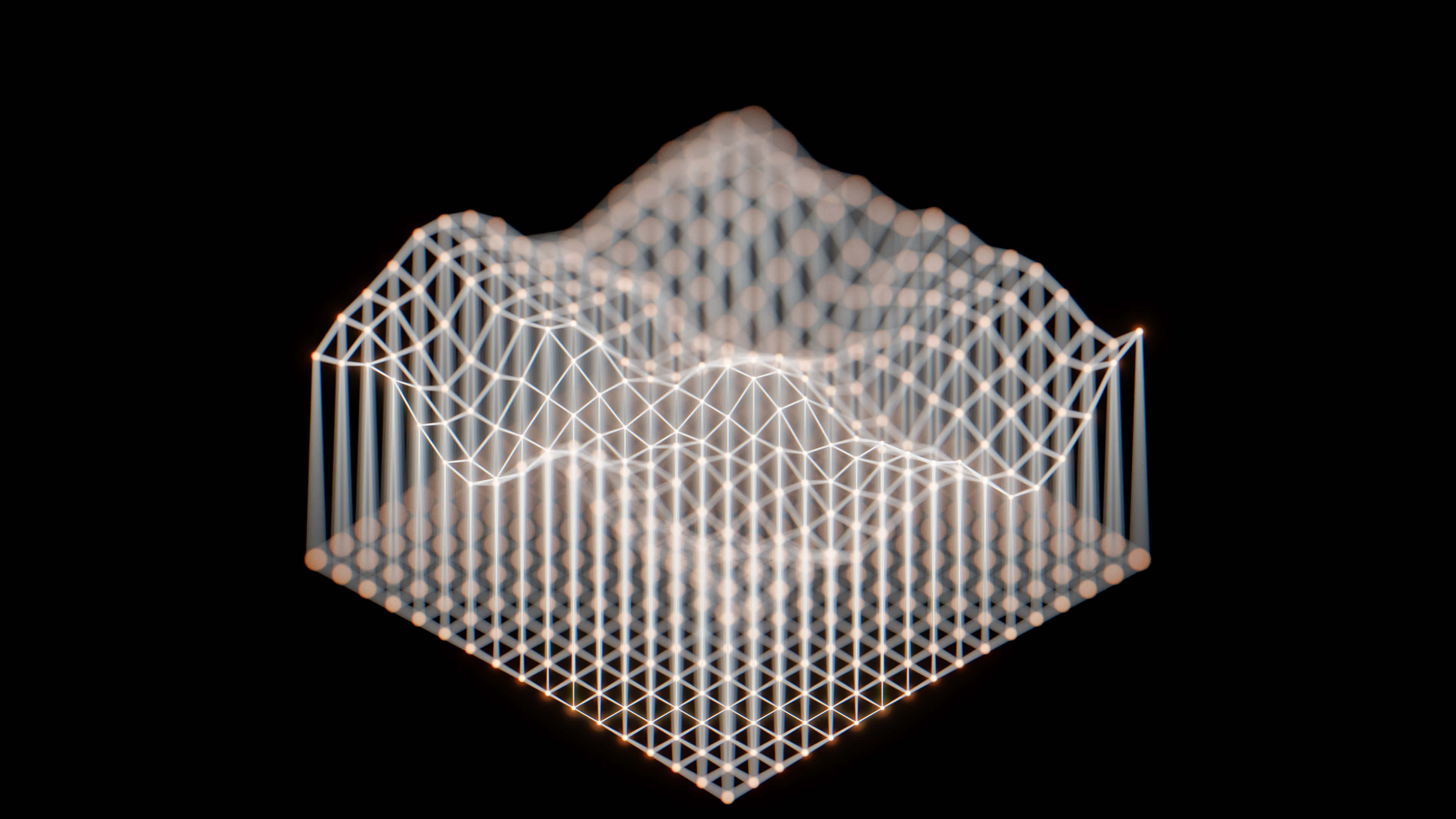 White Grid 桌布 壁紙 — 一個發光的白色線框山脈，以3D渲染，帶有溫暖的點點，背景為黑色。
