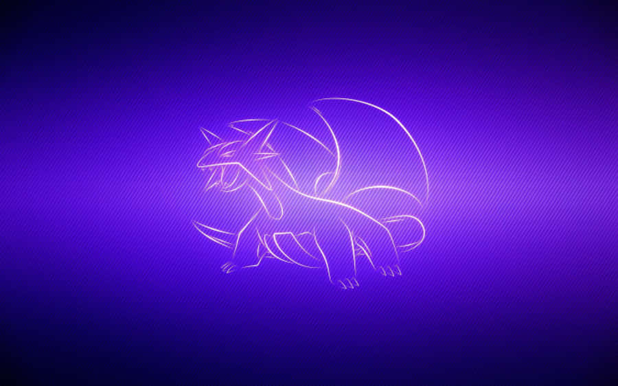 Salamence 桌布 壁紙 — 一個發光的白色線條藝術剪影，描繪出一條龍狀生物，輪廓襯在帶有微妙斜紋紋理的漸變紫色背景上。