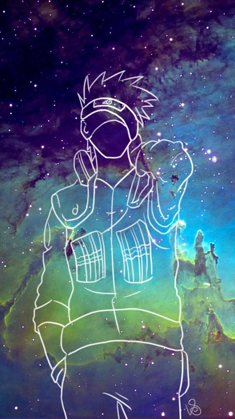 卡卡西 桌布 壁紙 — 一個發光的白色線條藝術忍者剪影，站在充滿星星和旋轉的藍綠色紫色雲彩的充滿活力的宇宙星雲前。