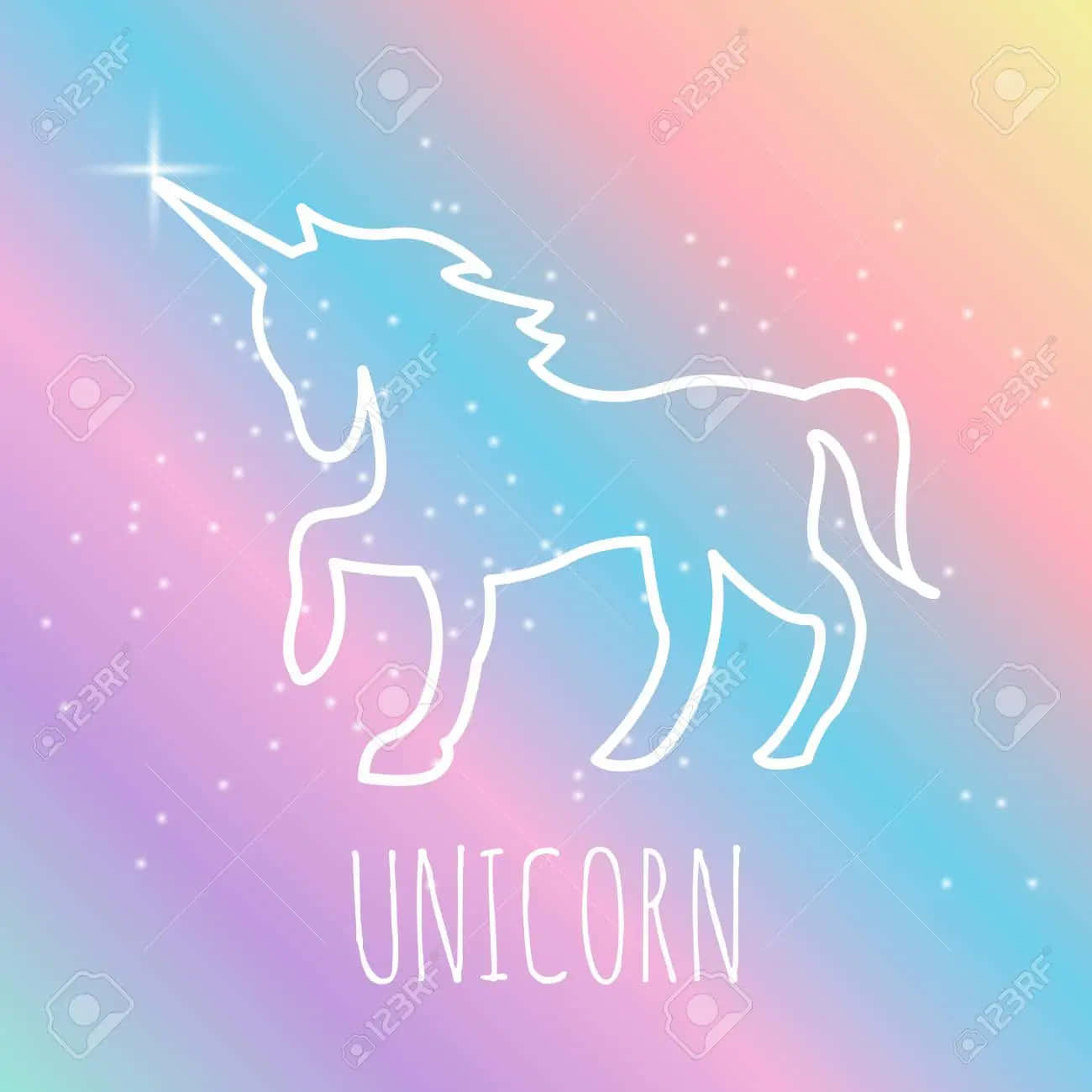Pastel Unicorn 桌布 壁紙 — 一個發光的白色線條藝術獨角獸剪影，站在一個點綴著閃爍星星的粉彩彩虹漸變天空前。