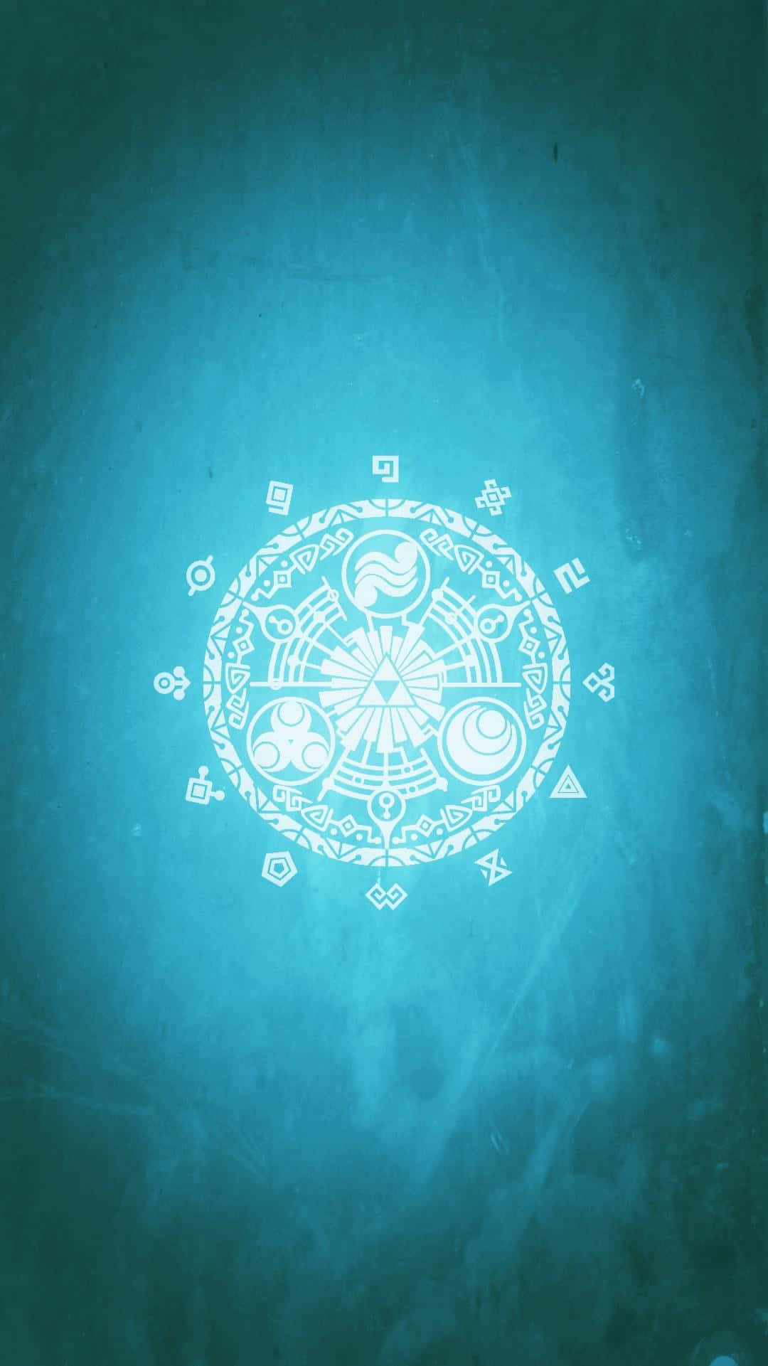 Zelda Phone 桌布 壁紙 — 一個發光的白色複雜圓形符號，帶有幾何圖案和風格化圖標，在帶紋理的青藍色背景上散發光芒。