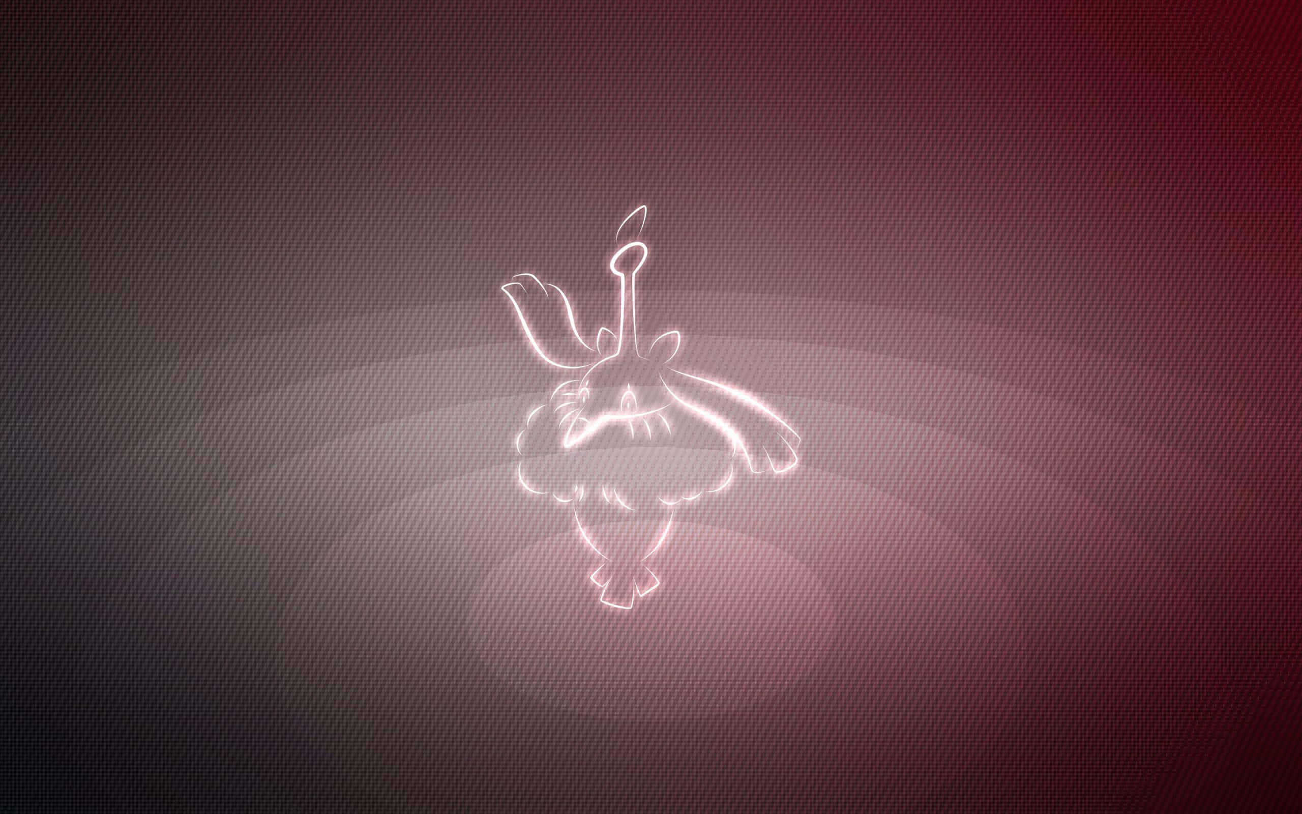 桌布 壁紙 — 一個發光的白色輪廓，描繪一個跳舞的寶可夢角色，背景是帶有對角線條的漸變栗色背景。