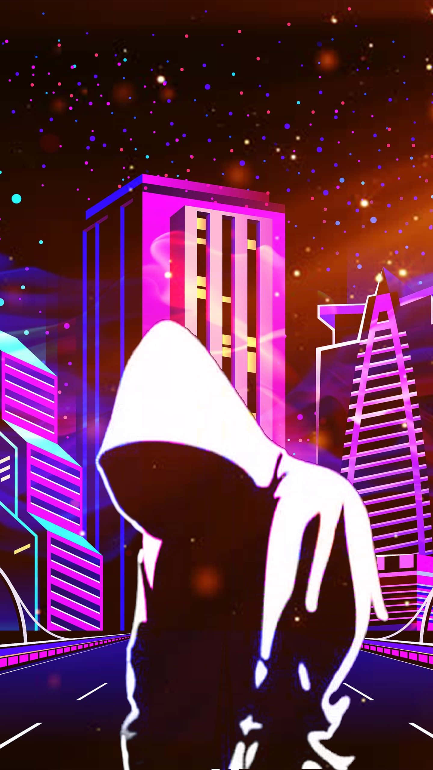 iPhone Neon 桌布 壁紙 — 一個發光的白色連帽身影站在霓虹燈閃爍的賽博龐克城市景觀中，背景是繁星點點的夜空。