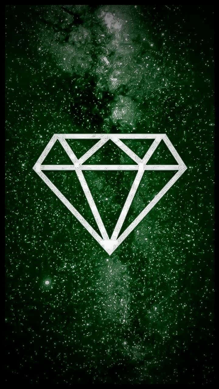 桌布 壁紙 — 一個發光的白色鑽石輪廓漂浮在深綠色星空宇宙背景上。