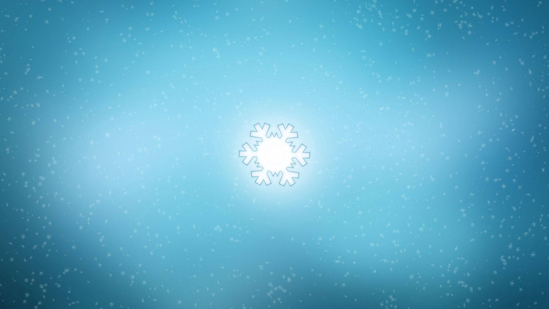 雪花 桌布 壁紙 — 一個發光的白色雪花散發出光芒，映襯著柔和的藍色漸變天空，天空充滿了飄落的雪花。