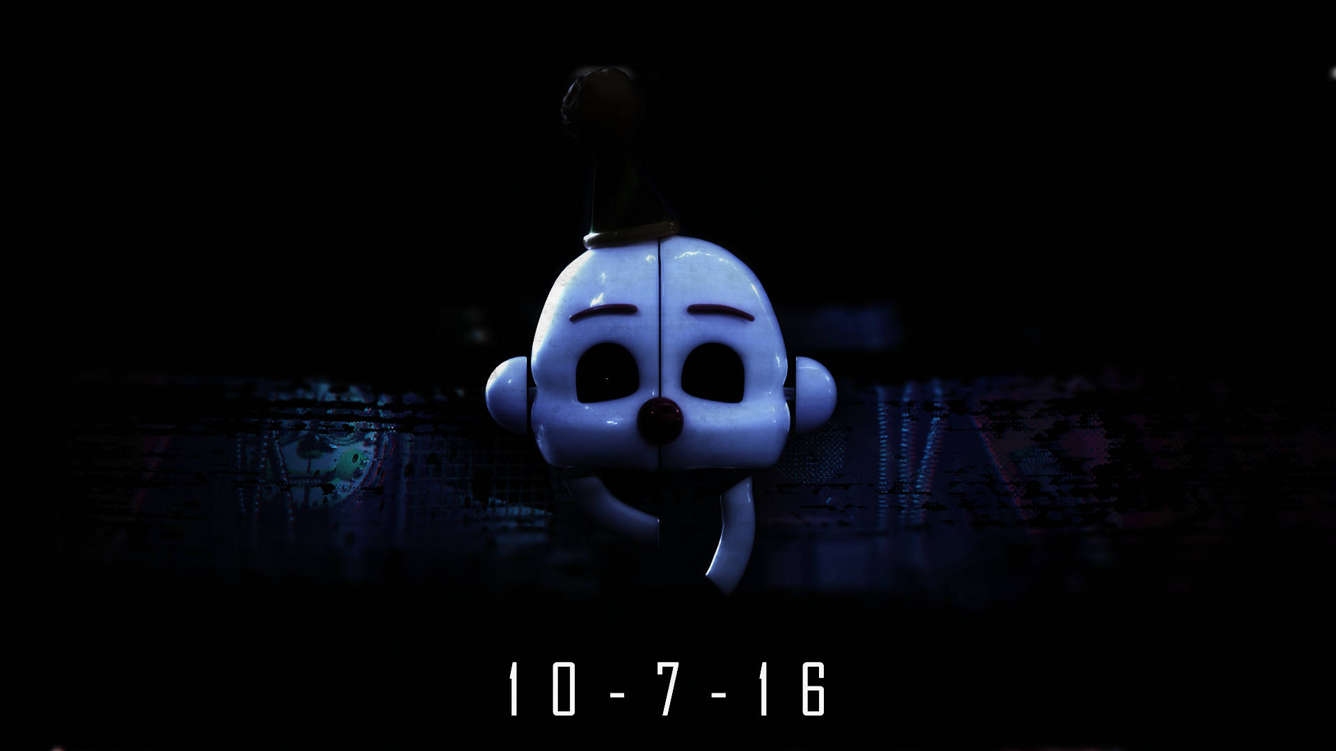 Ennard 桌布 壁紙 — 一個發光的白色電子動畫木偶，紅鼻子黑眼睛，在黑暗的房間裡向前凝視，下方有日期印章。