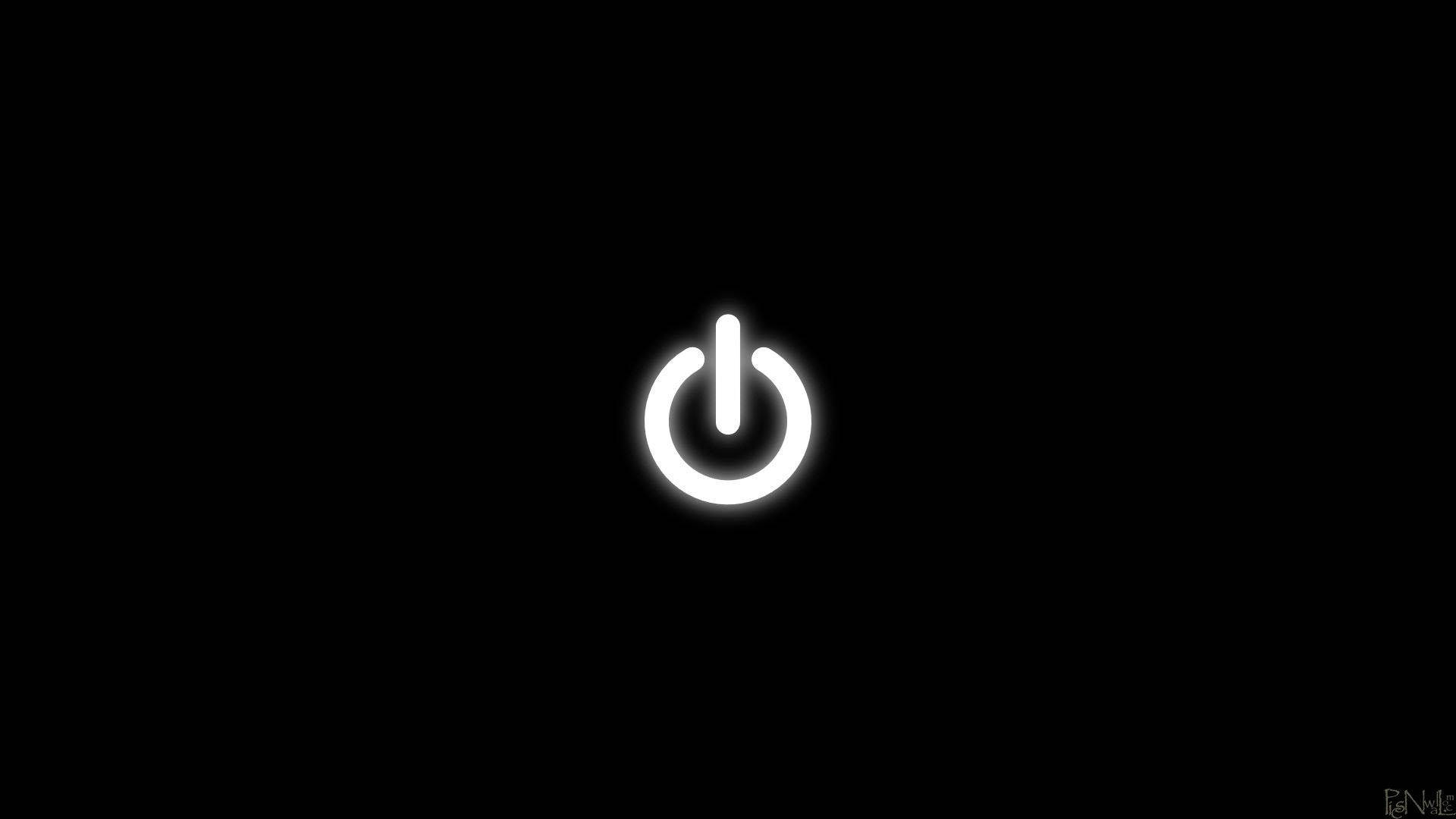 黑色 桌布 壁紙 — 一個發光的白色電源按鈕圖示，居中放置在純黑色背景上。
