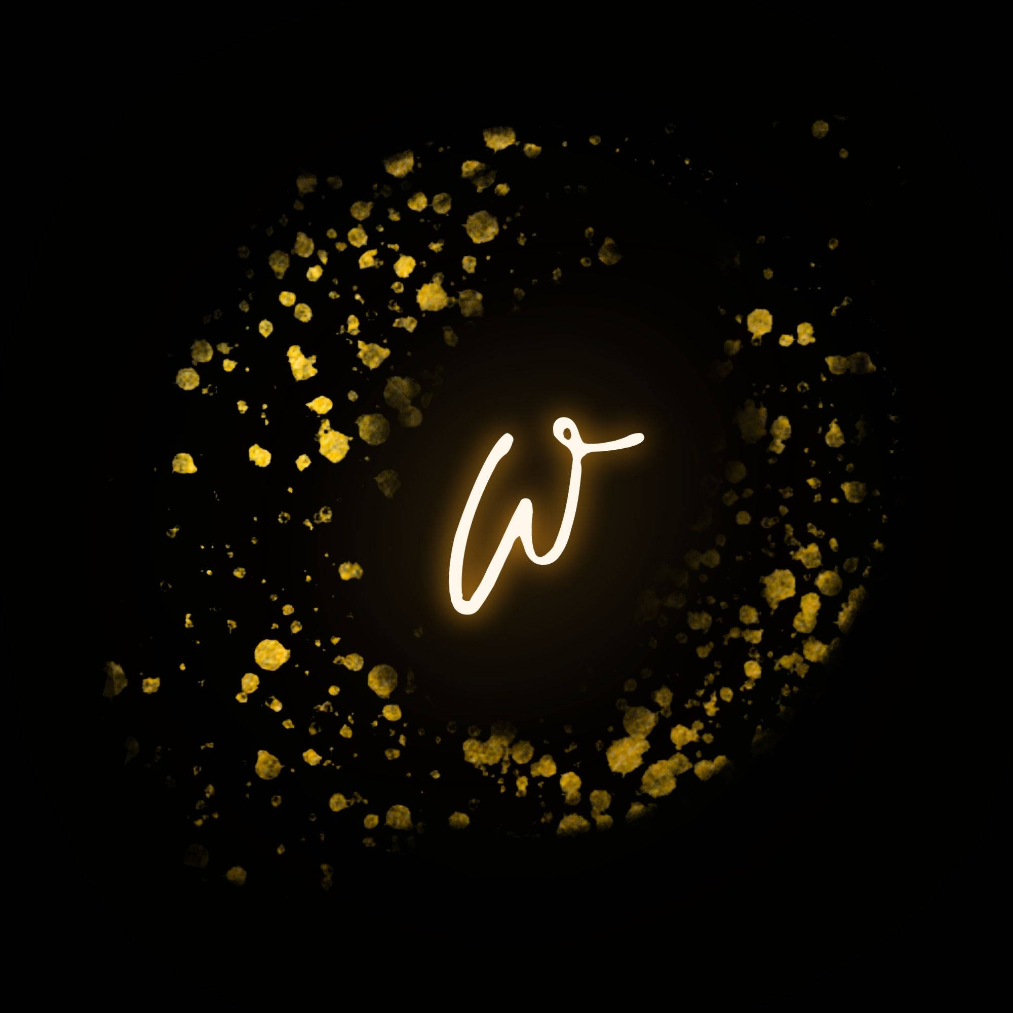 W 桌布 壁紙 — 一個發光的白色霓虹字母W，被金色亮粉粒子包圍，背景為黑色。