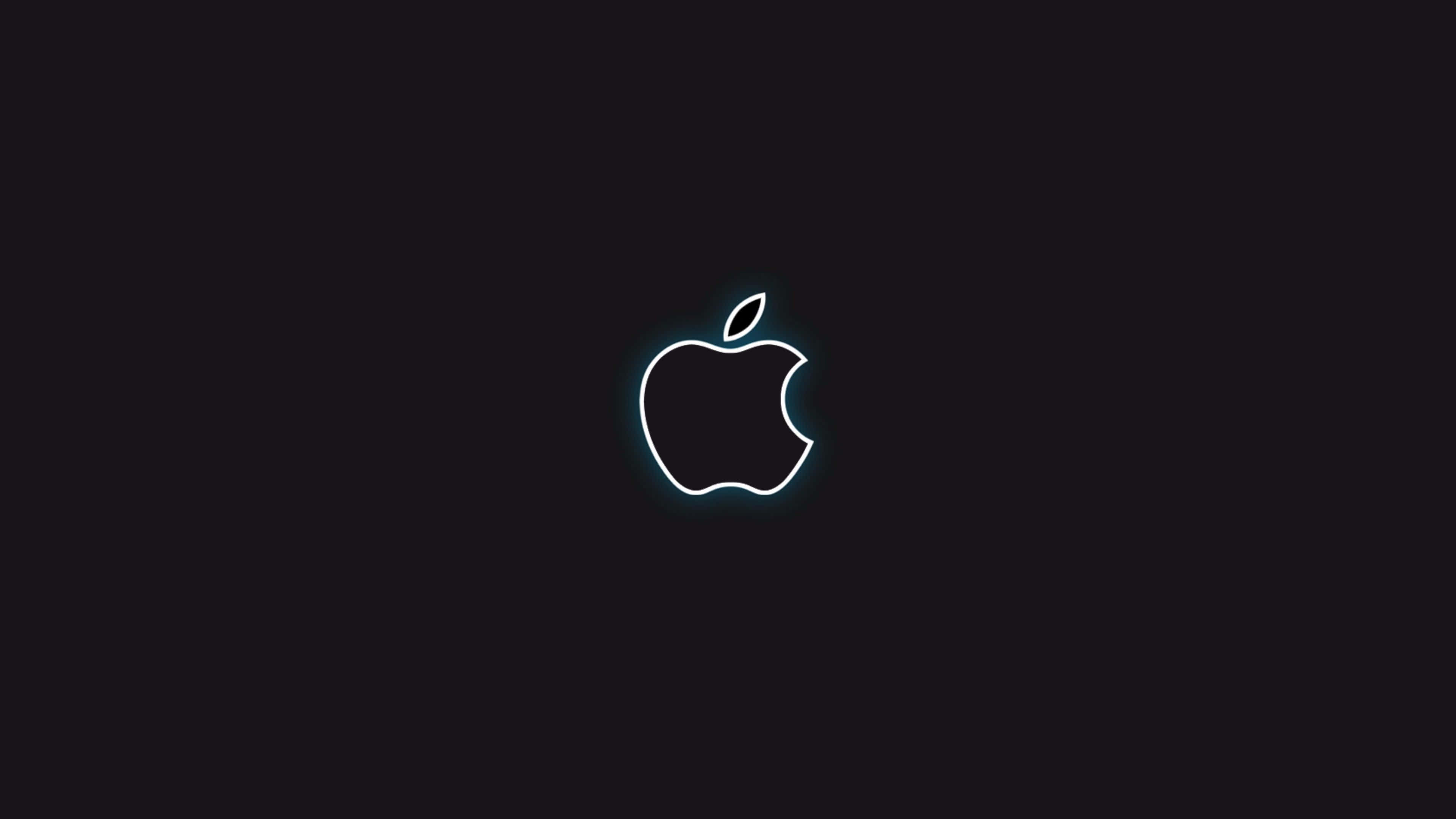 蘋果 桌布 壁紙 — 一個發光的白色霓虹燈Apple標誌，帶有藍色光暈，居中在純黑色背景上。