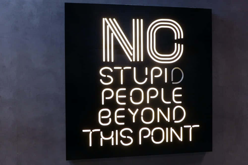 Stupid 桌布 壁紙 — 一個發光的白色霓虹燈牌，上面以粗體字寫著 'NIC STUPID PEOPLE BEYOND THIS POINT'，安裝在深色牆上。