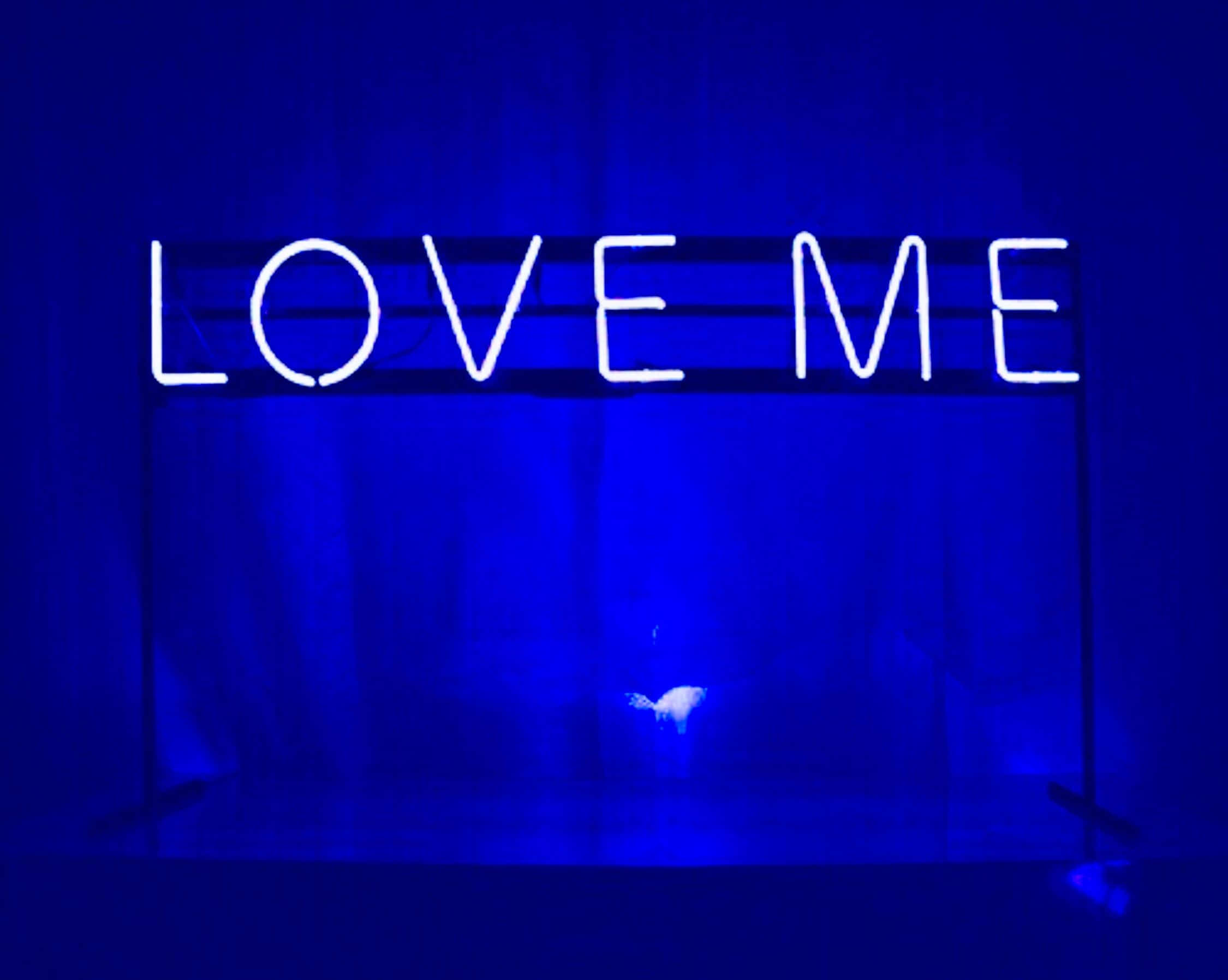桌布 壁紙 — 一個發光的白色霓虹燈牌，上面寫著 LOVE ME，在深色窗簾背景下投射出充滿活力的藍色光芒。