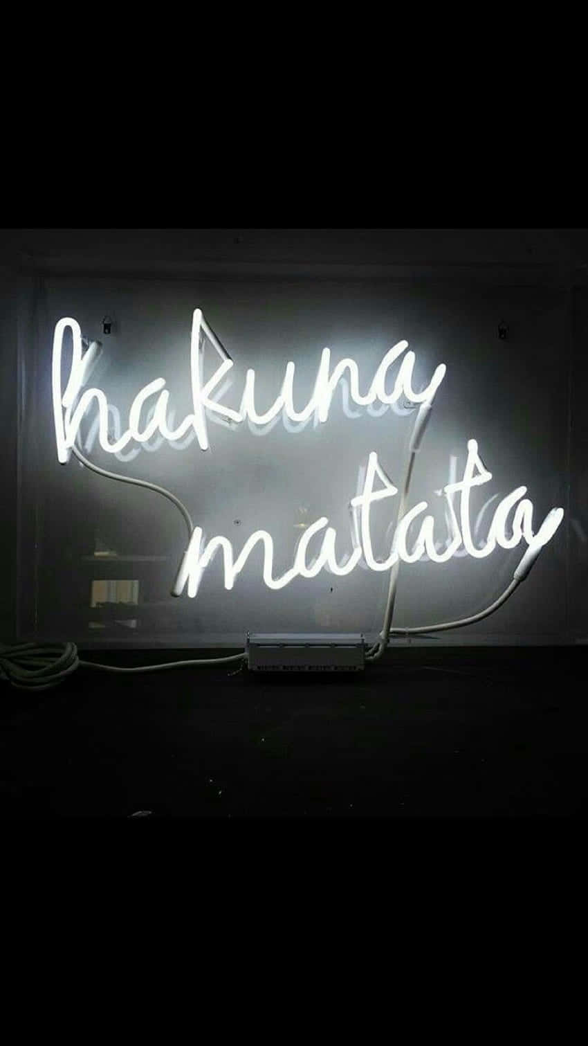White Neon 桌布 壁紙 — 一個發光的白色霓虹燈牌，以草書拼出「hakuna matata」，背景是深色牆壁，可見電線和下方的電源盒。