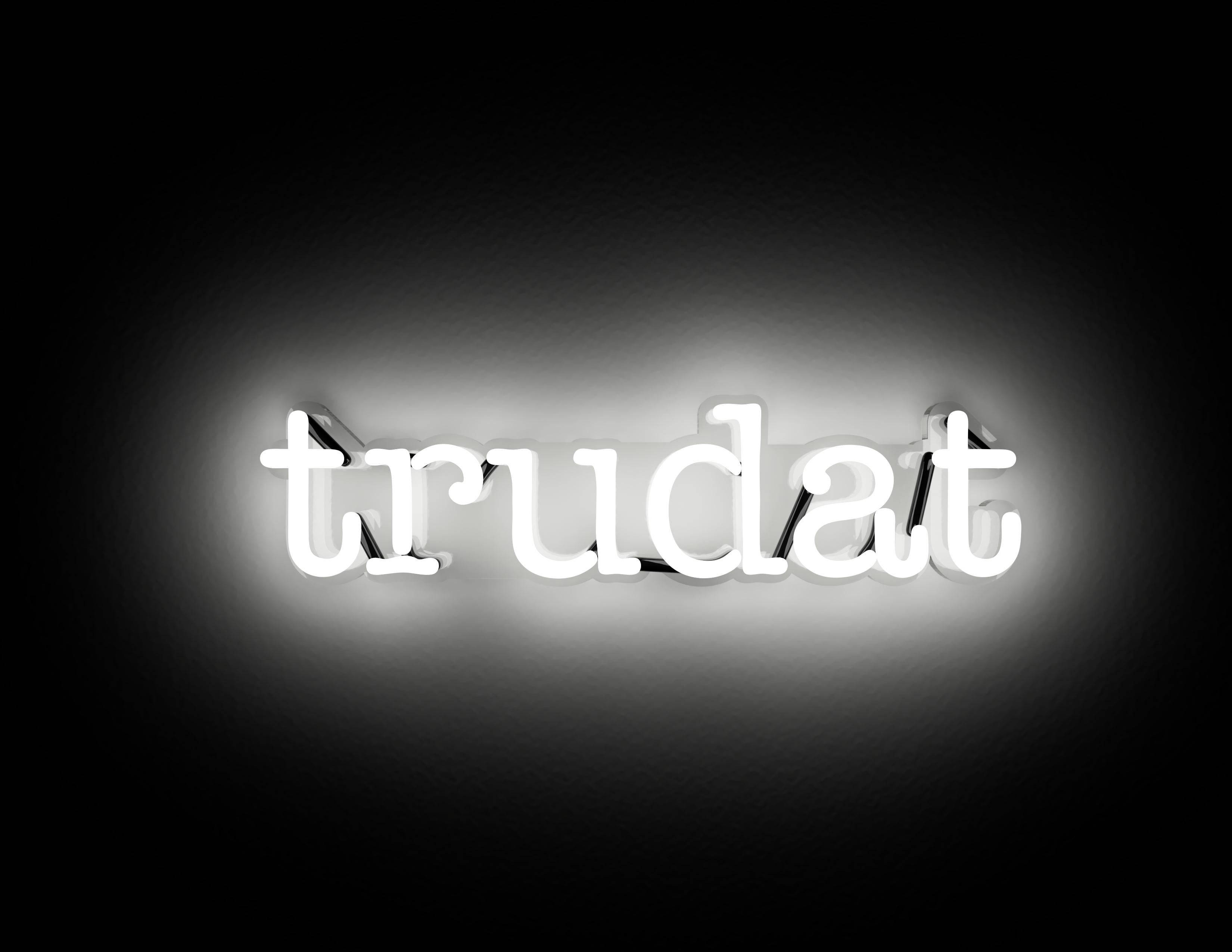 Word 桌布 壁紙 — 一個發光的白色霓虹燈牌，拼寫著「trudat」，在深色漸變背景上投射出柔和的光暈。