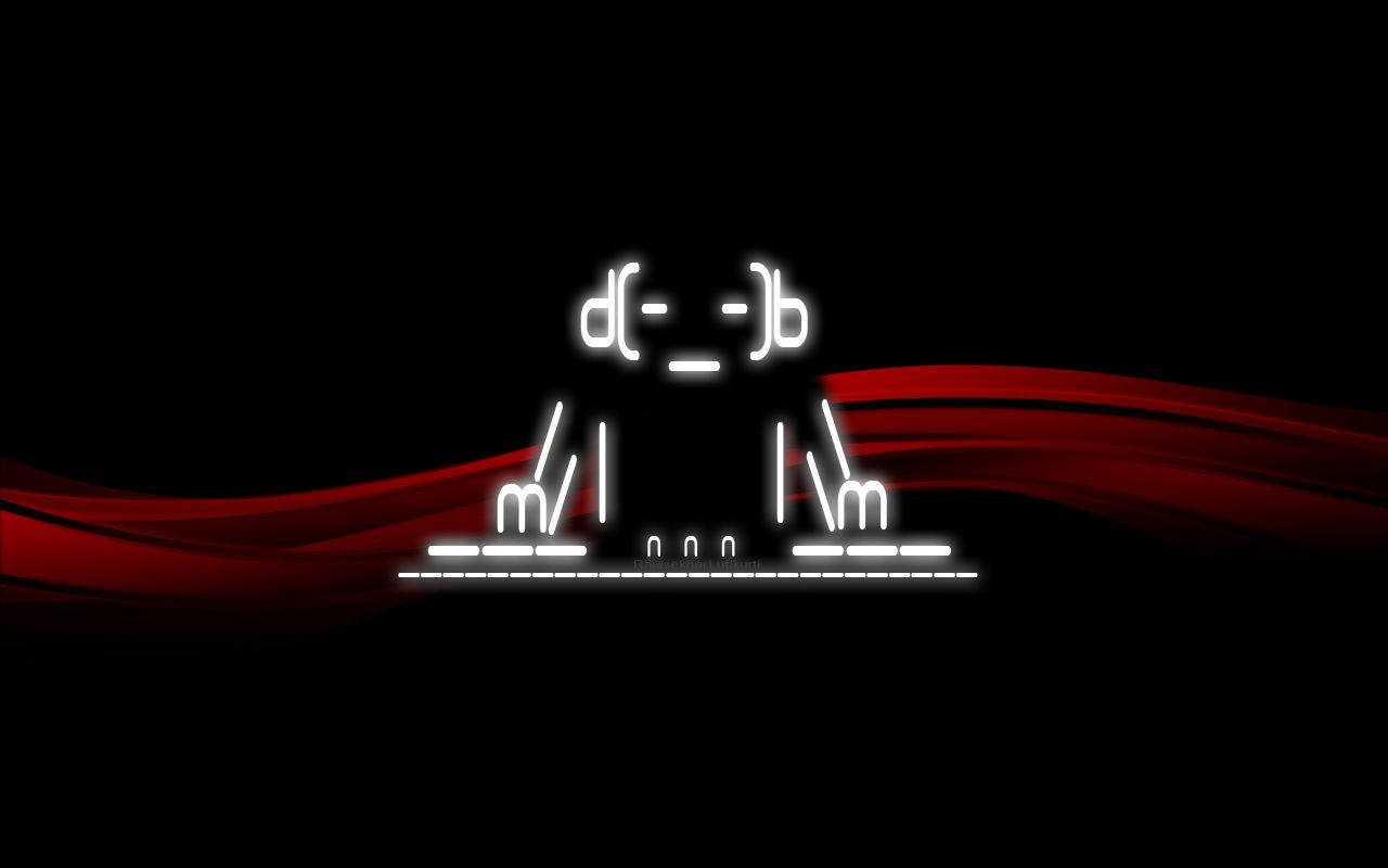 DJ 桌布 壁紙 — 一個發光的白色霓虹燈輪廓的DJ台，帶有微笑的臉，背景是黑色和流動的紅色波浪。