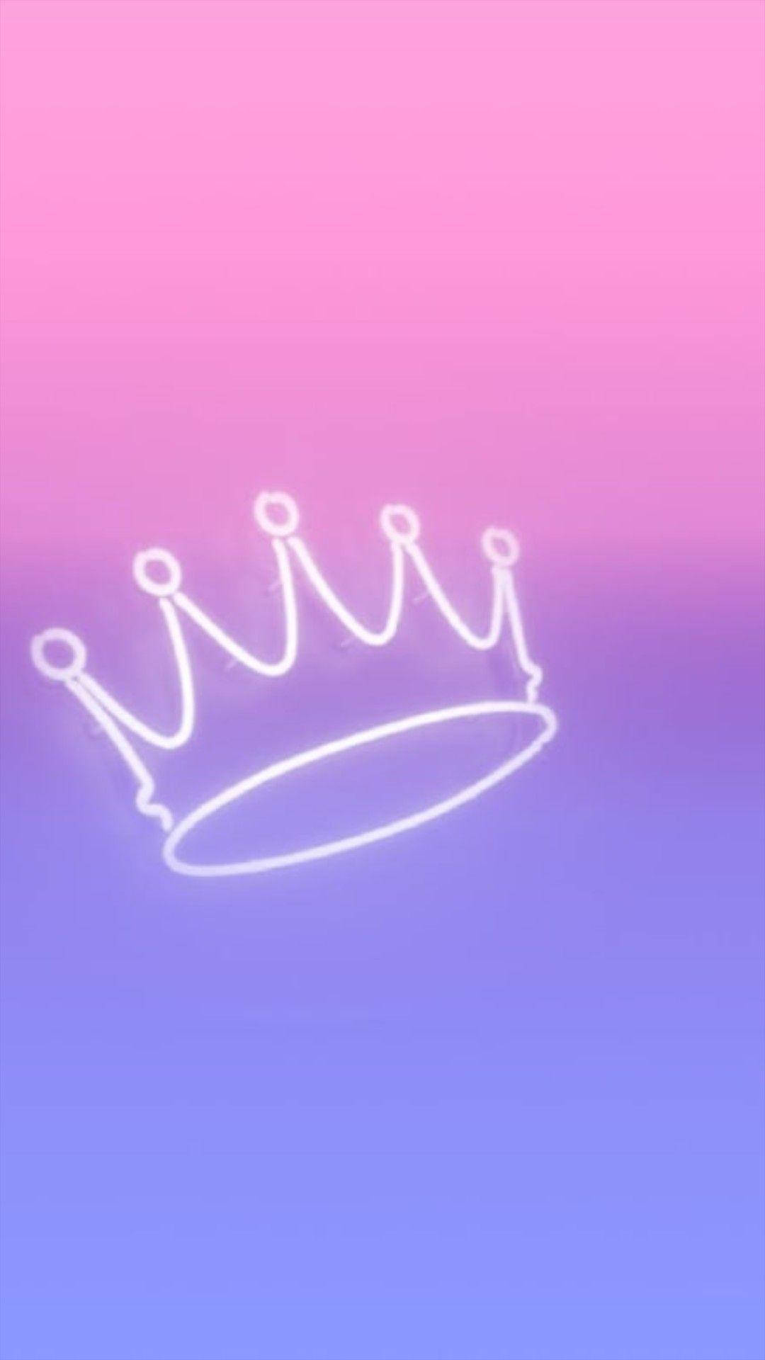 Bisexual Aesthetic 桌布 壁紙 — 一個發光的白色霓虹皇冠輪廓漂浮在柔和的粉紅色到紫色漸變天空上。