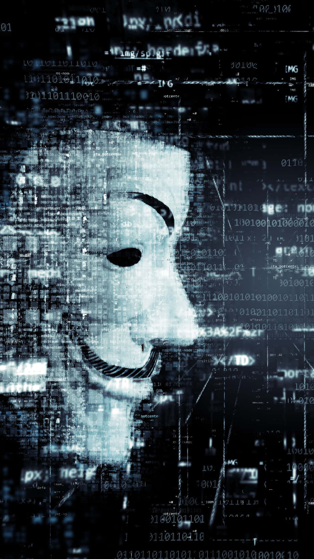 匿名 桌布 壁紙 — 一個發光的白色面具漂浮在故障的數位代碼和破碎的HTML標籤之間，處於深藍色賽博龐克場景中。