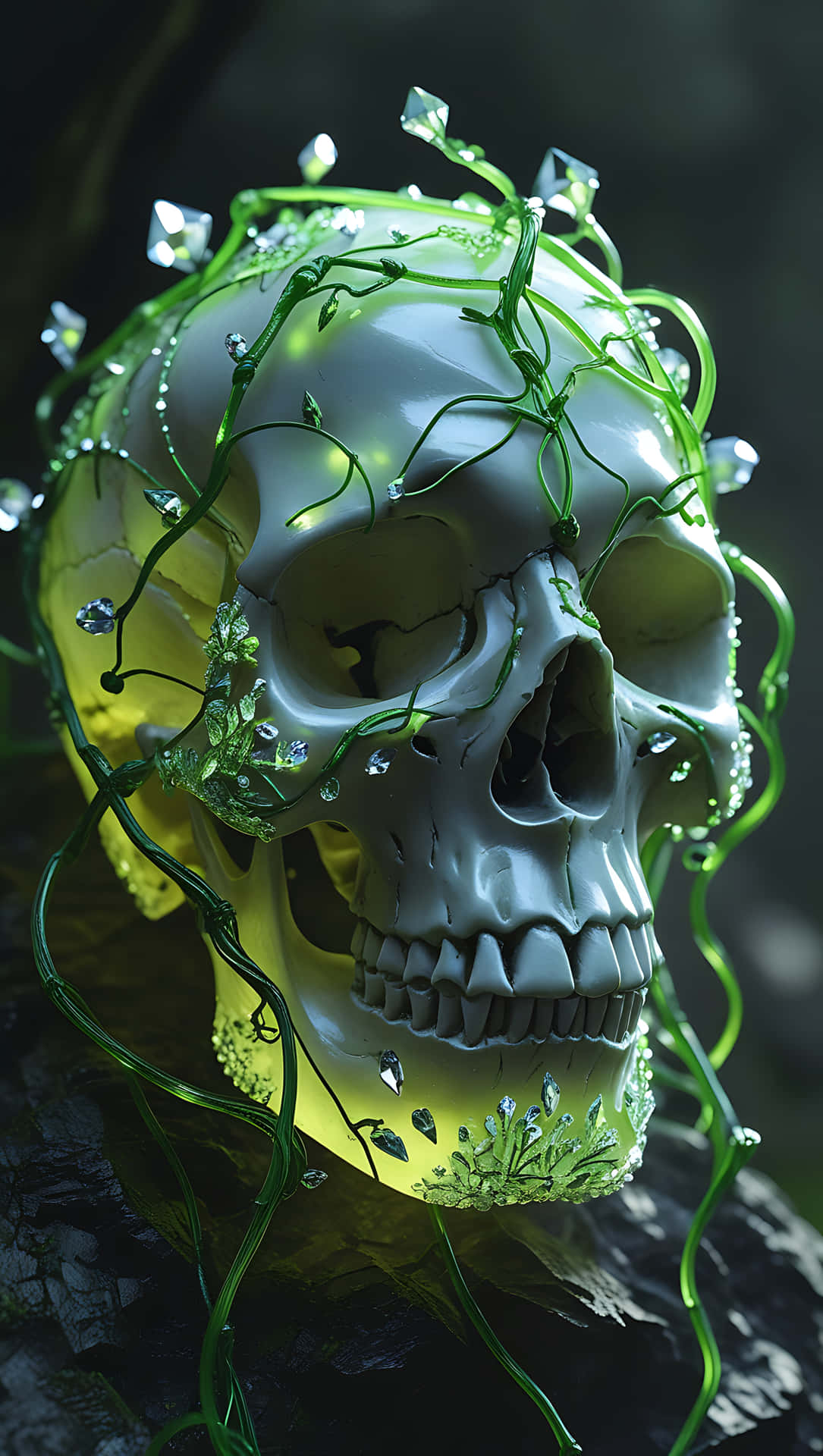Crystal Skull with Glowing Green Vines. smartphone wallpaper 壁紙 — 一個發光的白色頭骨，飾有發光的綠色藤蔓和閃閃發光的晶體，躺在黑暗的苔蘚表面上。