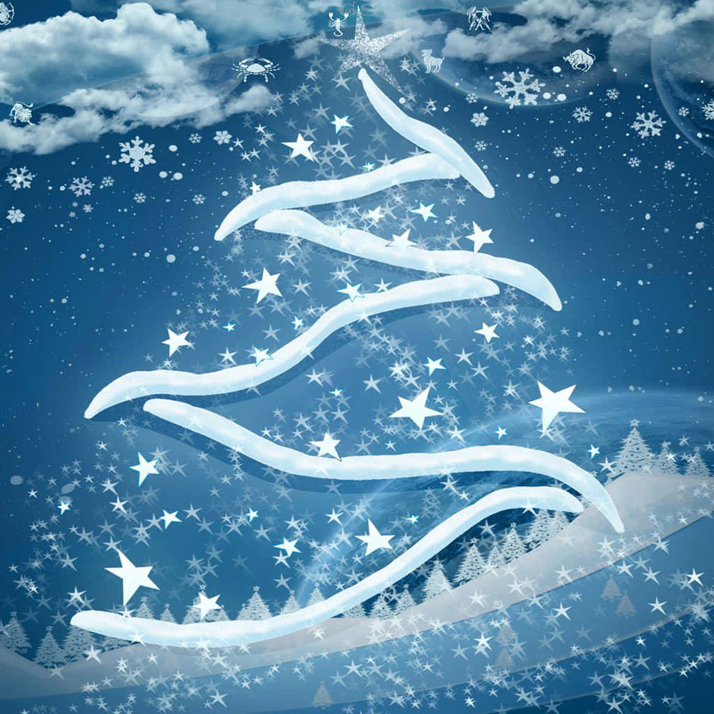 iPad Christmas 桌布 壁紙 — 一個發光的白色風格化聖誕樹，點綴著星星和雪花，背景是深藍色的冬季天空，有雲和遠處的雪樹。