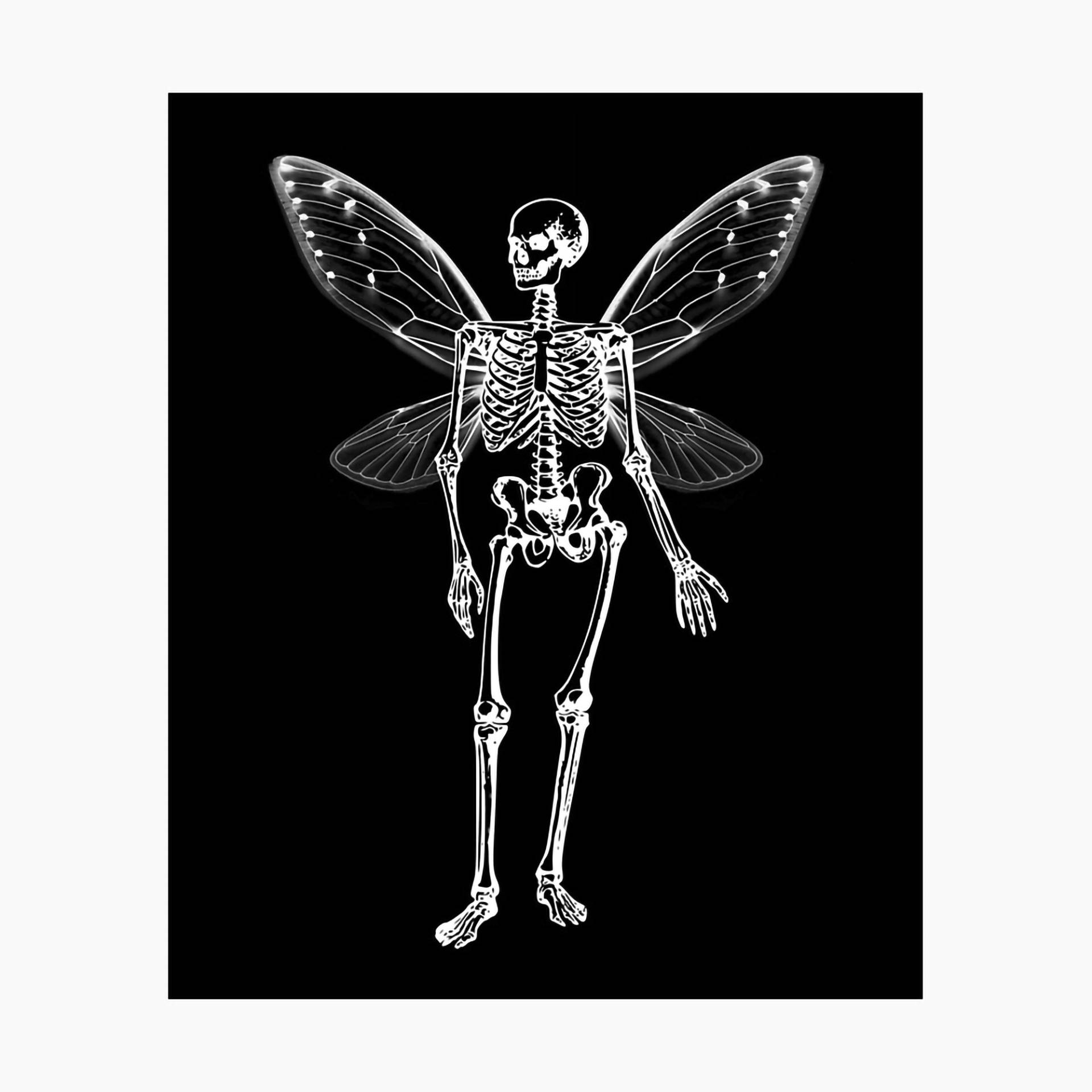 Fairy Grunge 桌布 壁紙 — 一個發光的白色骨架仙女，帶有精緻的半透明翅膀，站在純黑色背景前。