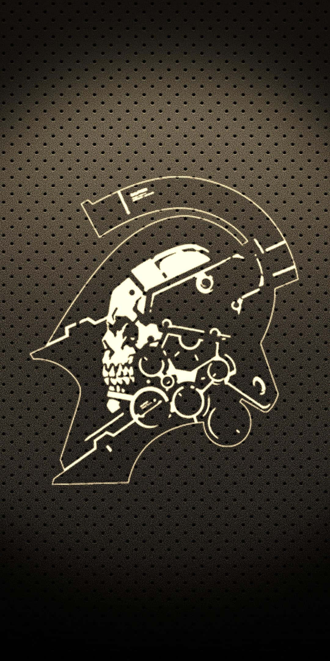 Death Stranding Mobile 桌布 壁紙 — 一個發光的白色骷髏頭盔，帶有機械齒輪和管道，背景是深色穿孔金屬。