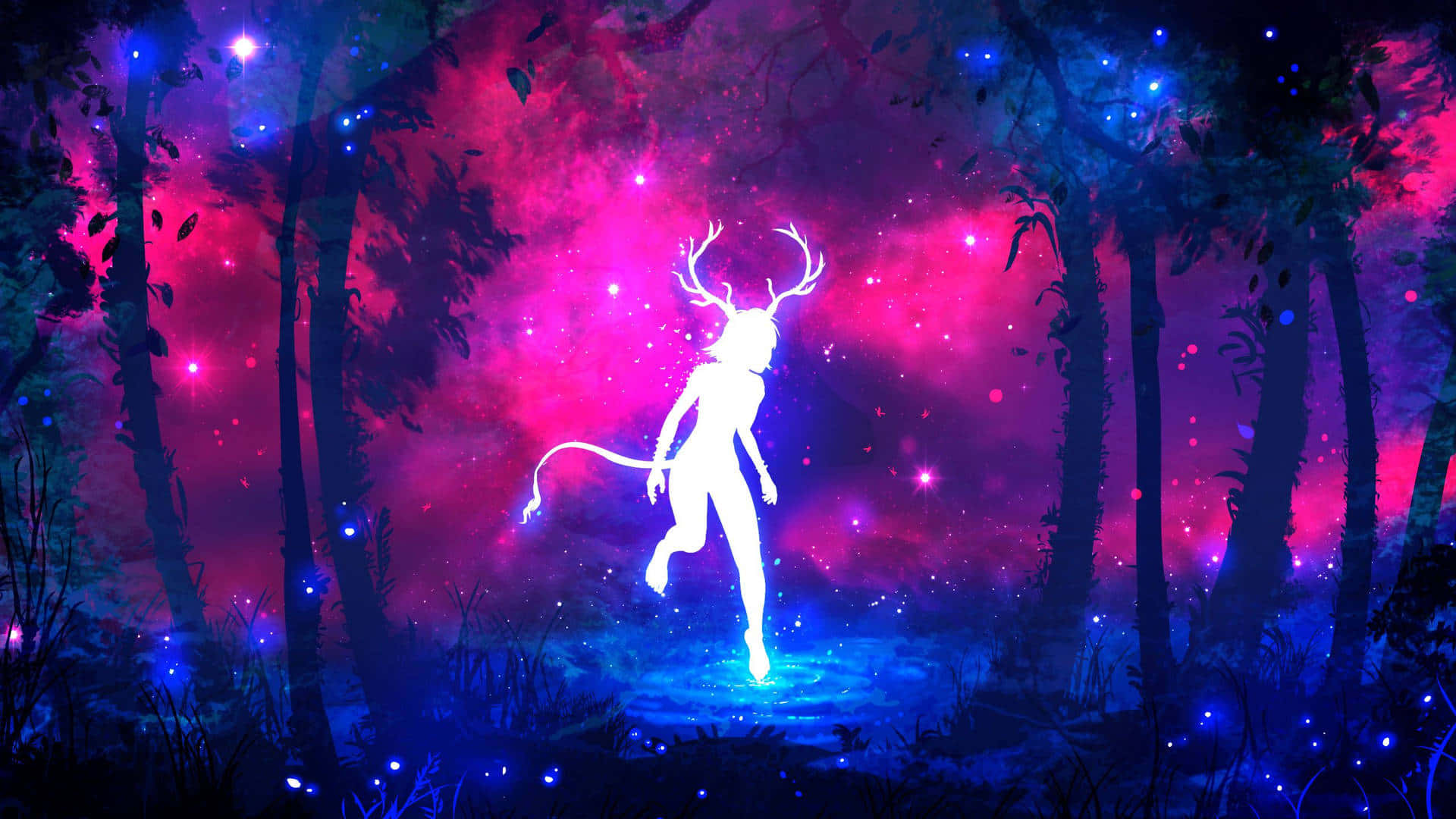 Beautiful Neon 桌布 壁紙 — 一個發光的白色鹿頭人物在神秘森林中，在宇宙粉紅色和藍色星空下跳舞。