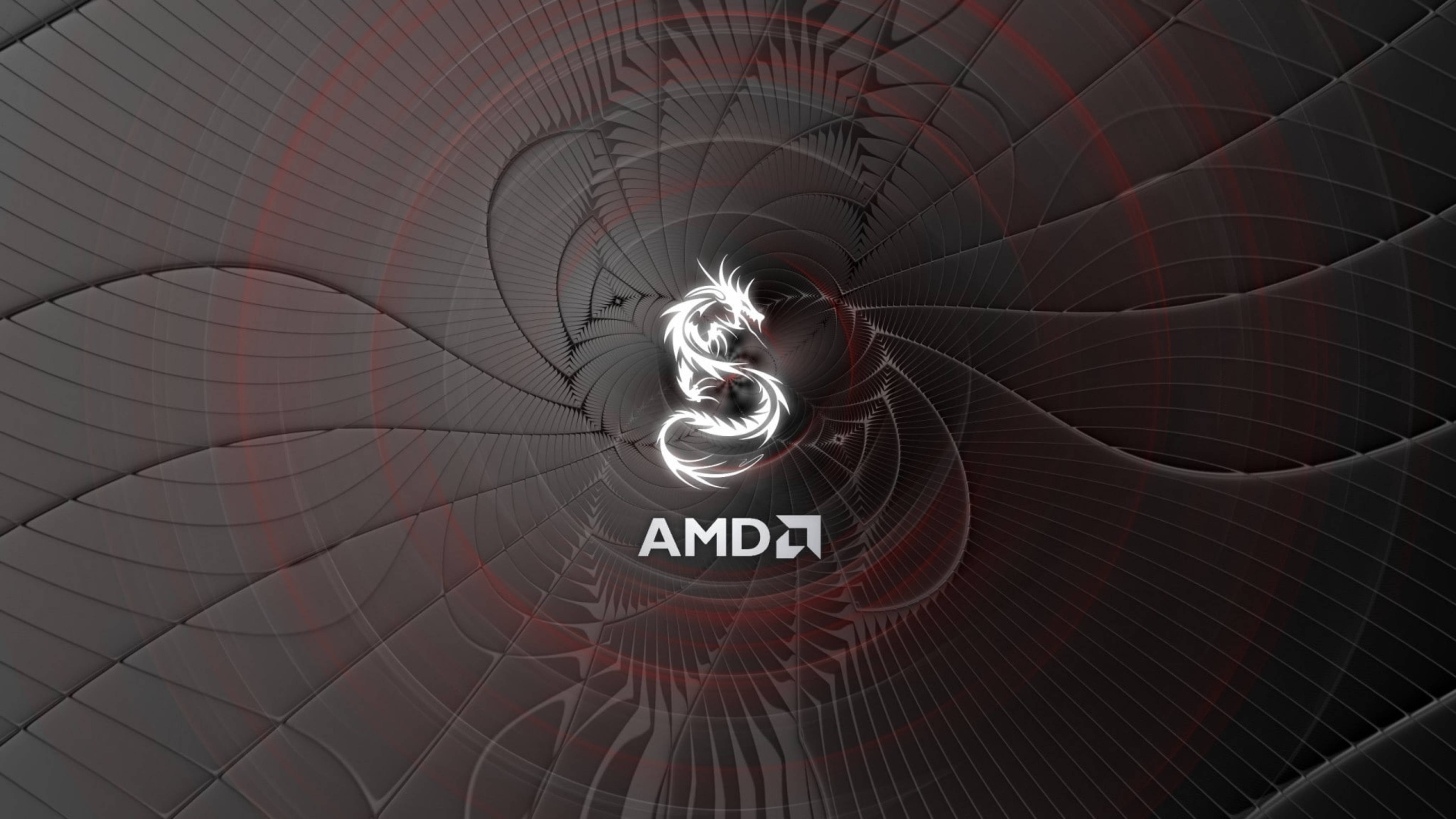 AMD 桌布 壁紙 — 一個發光的白色龍標誌在黑暗的幾何隧道中盤旋，帶有紅色同心圓環和AMD品牌標識。
