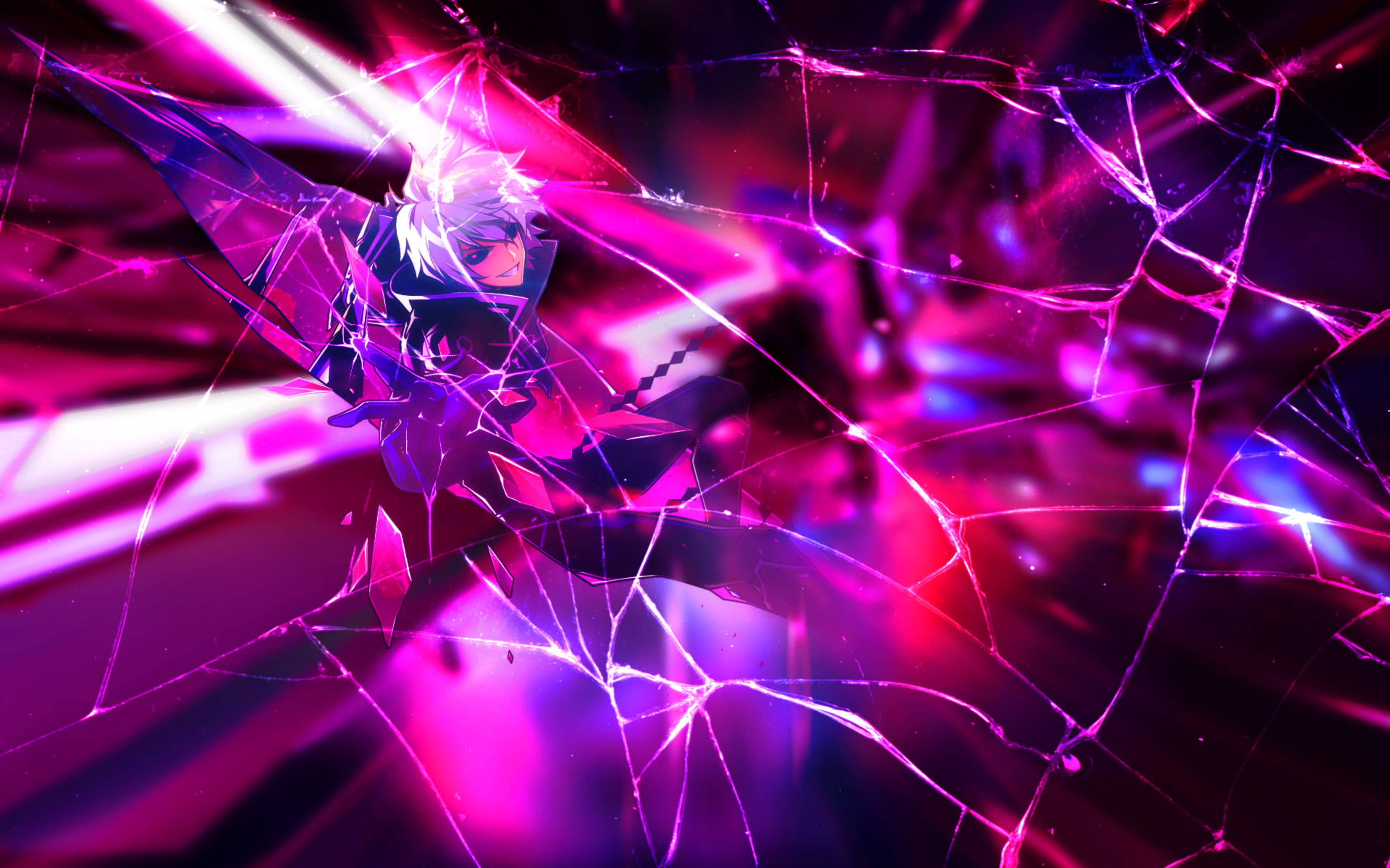 Elsword 桌布 壁紙 — 一個發光的白髮動漫角色，在充滿活力的紫色和粉紅色霓虹燈背景下，透過破碎的玻璃效果出現。
