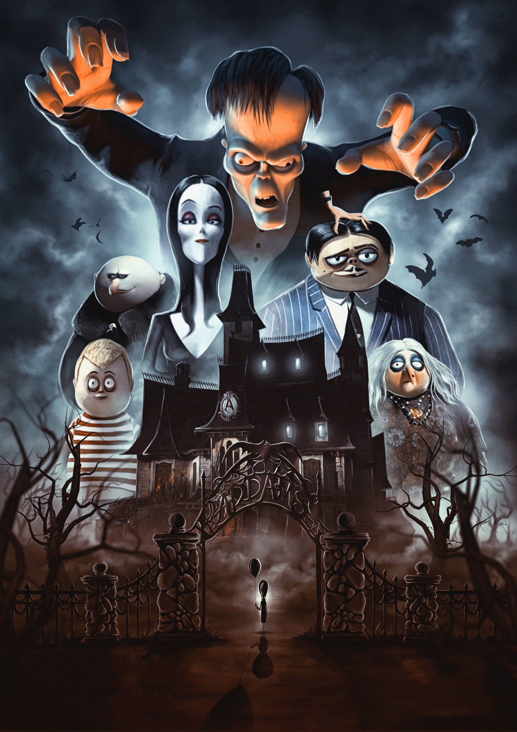 The Addams Family 2 桌布 壁紙 — 一個發光的眼睛和伸出雙手的恐怖動畫家庭，在暴風雨的夜空下籠罩著一座鬼屋。