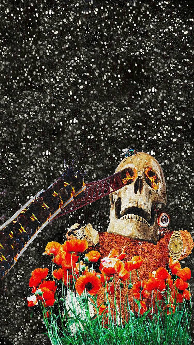 Astroworld 桌布 壁紙 — 一個發光的眼睛和斷劍的骷髏頭從鮮紅色的罌粟花中浮現，在星空下。
