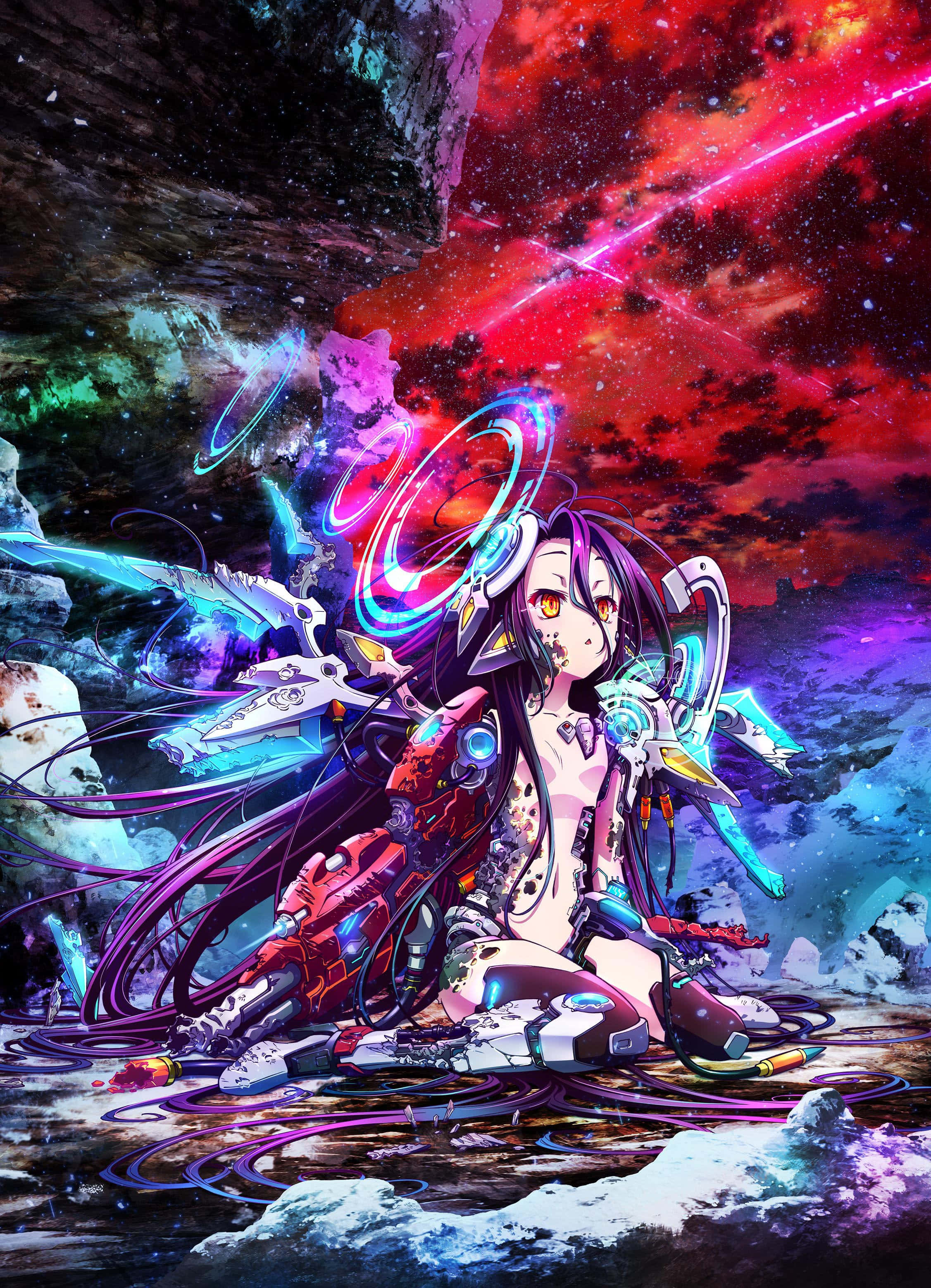 遊戲人生 桌布 壁紙 — 一個發光的眼睛和機械四肢的賽博格動漫女孩坐在充滿活力的宇宙景觀中，周圍有霓虹能量環和星空。