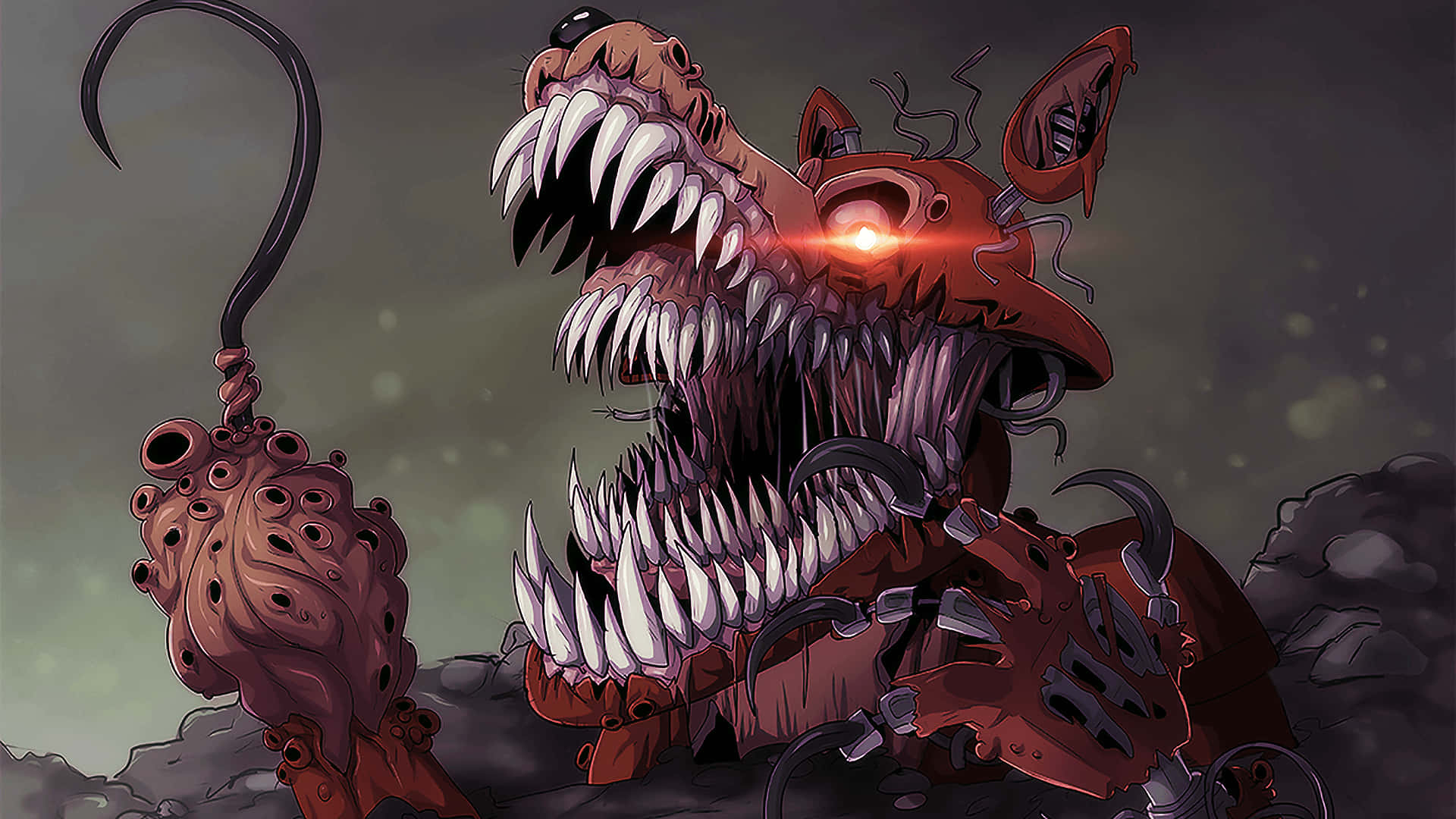Fnaf Foxy 桌布 壁紙 — 一個發光的眼睛和鋒利牙齒的紅色機械怪物在深灰色背景上發出威脅性的咆哮。
