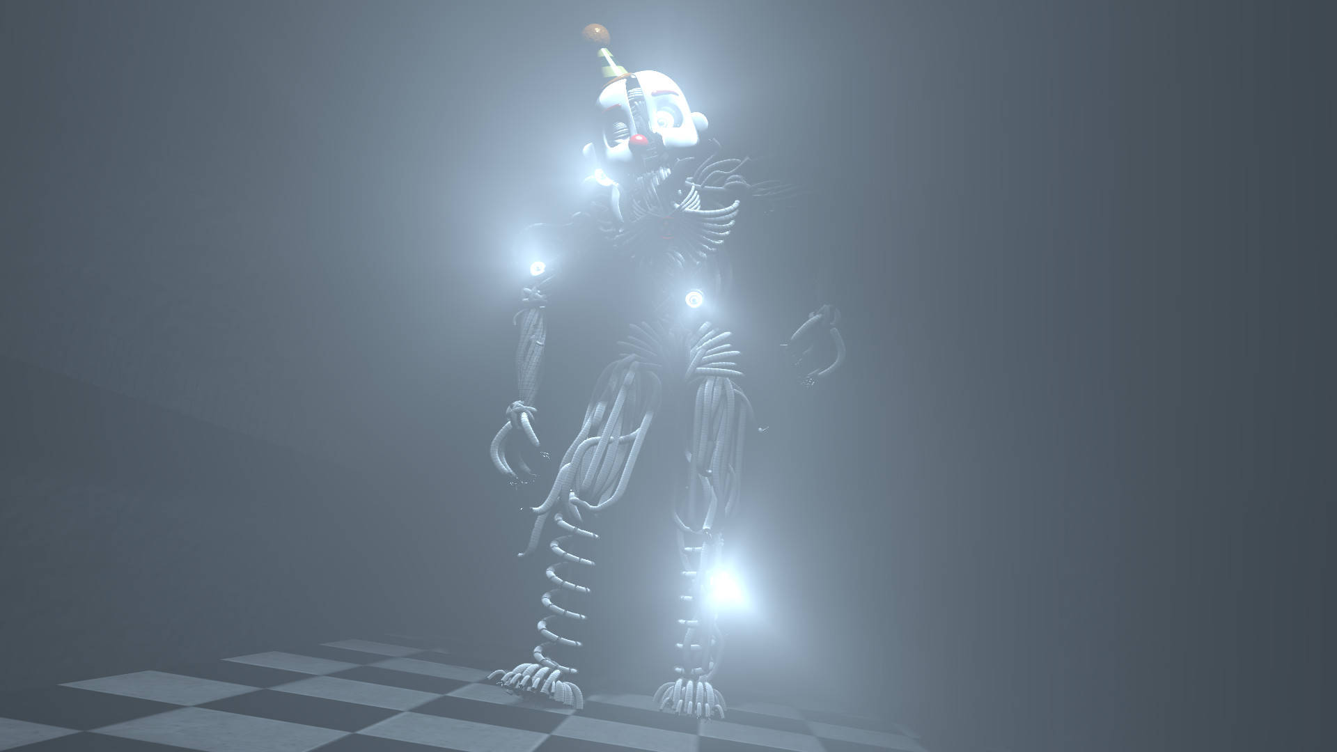 Ennard 桌布 壁紙 — 一個發光的眼睛和關節的骨骼動畫小丑，在霧氣瀰漫、昏暗的房間裡，威嚇地站在棋盤格地板上。