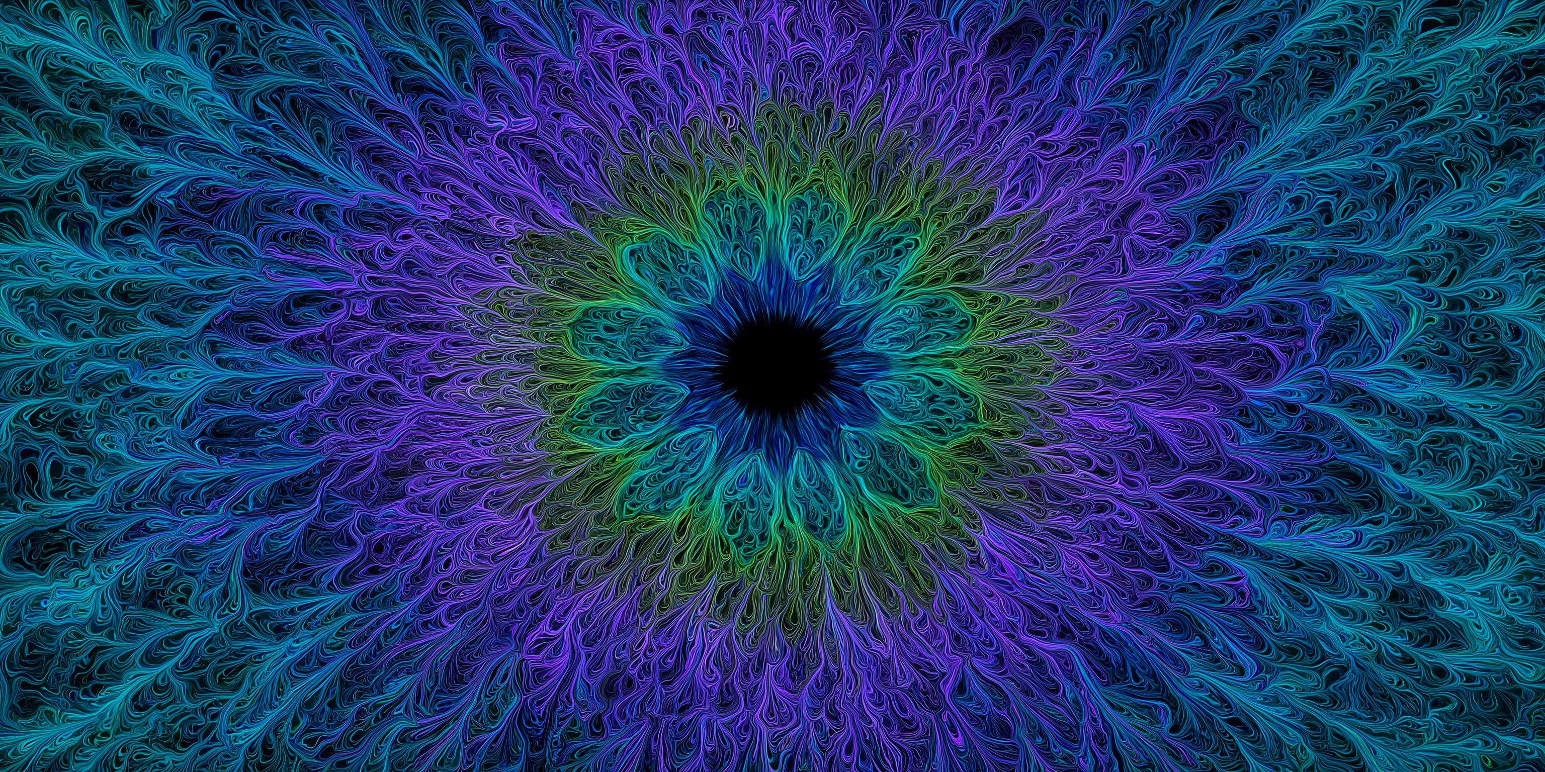 kaleidoscope 桌布 壁紙 — 一個發光的碎形曼陀羅，從黑暗中心迸發出電光藍、紫和綠色的卷鬚。