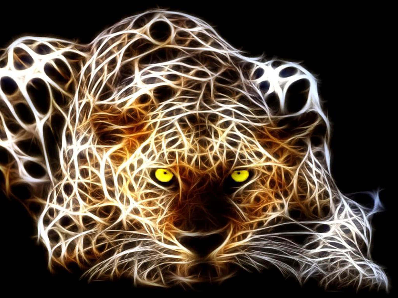 Leopard 桌布 壁紙 — 一個發光的碎形豹頭，帶有火黃色的眼睛和複雜的白色光圖案，背景為黑色。