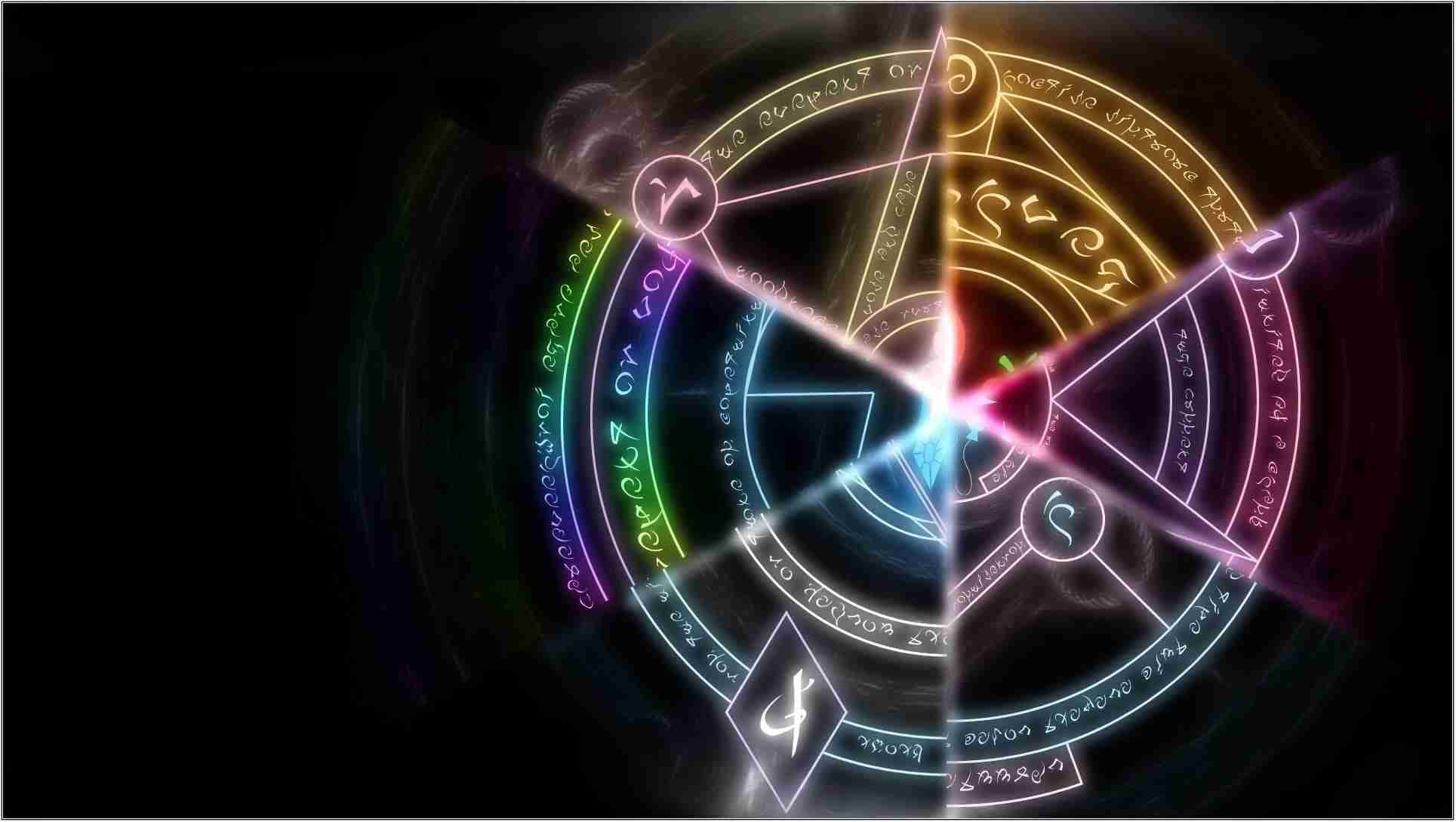 奧術 桌布 壁紙 — 一個發光的神秘五角星，帶有彩虹符文，在黑暗背景下散發能量。