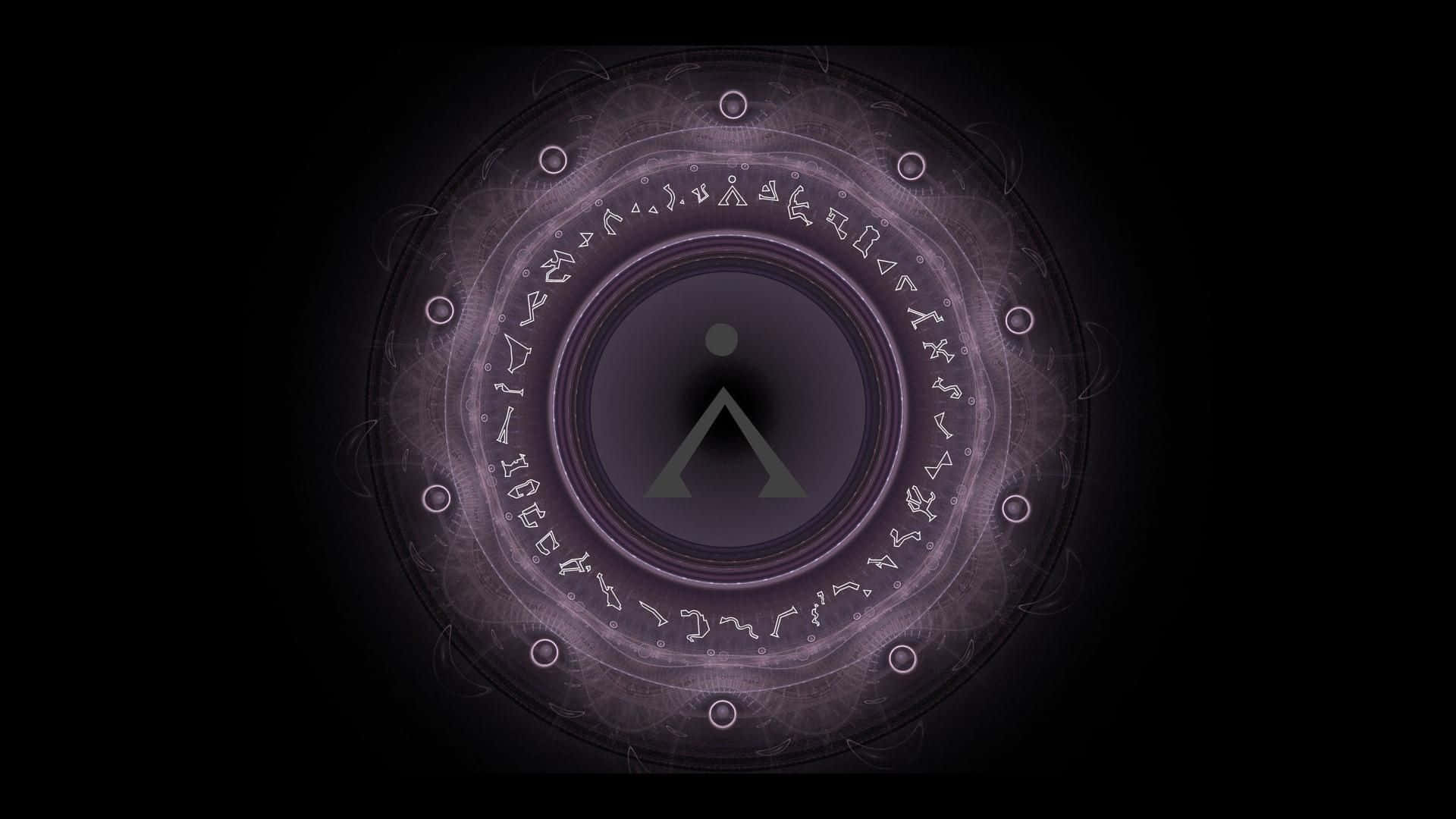 Stargate 桌布 壁紙 — 一個發光的神秘圓圈，帶有古代符文和中央三角形，在黑暗虛空中散發出柔和的紫色光芒。