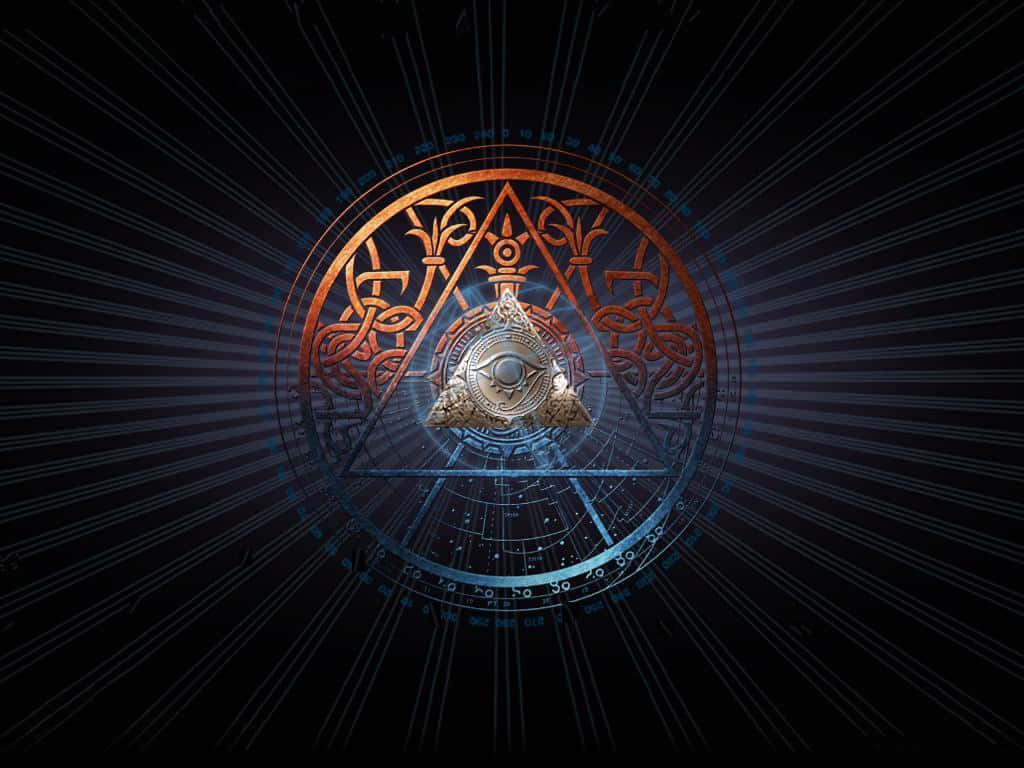 illuminati 桌布 壁紙 — 一個發光的神秘眼睛在華麗的金色和藍色圓形符號內，在黑暗背景上散發光芒。